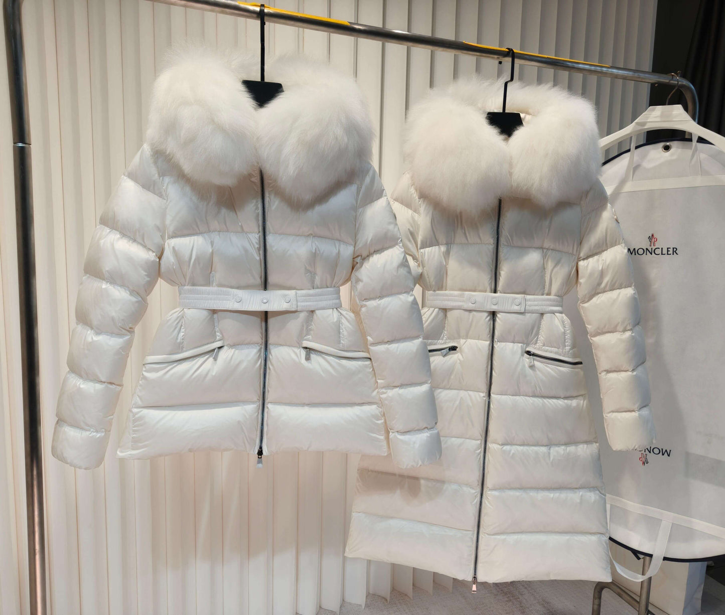 White Belted Puffer Jacket with Detachable Faux Fur Collar