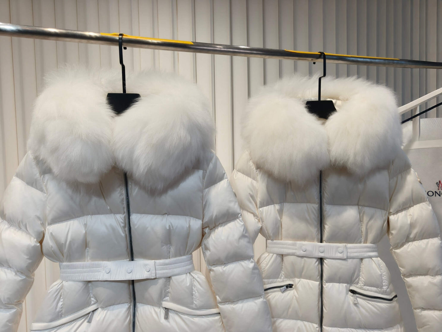 White Belted Puffer Jacket with Detachable Faux Fur Collar