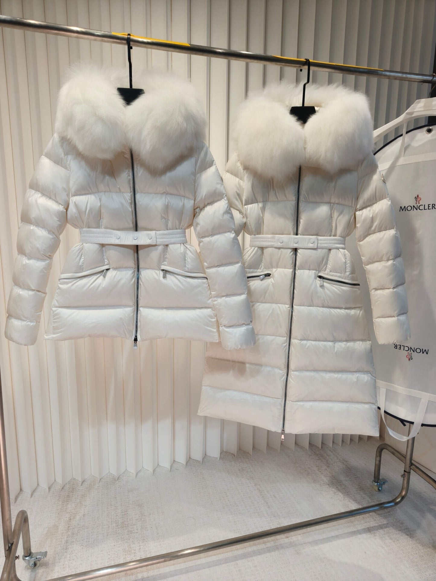 White Belted Puffer Jacket with Detachable Faux Fur Collar
