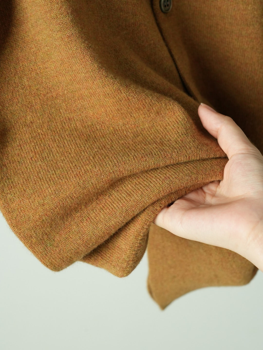 Crewneck Knit Cardigan – Camel Brown Fine-Gauge Wool Cardigan with Subverted Sleeve Heart Logo