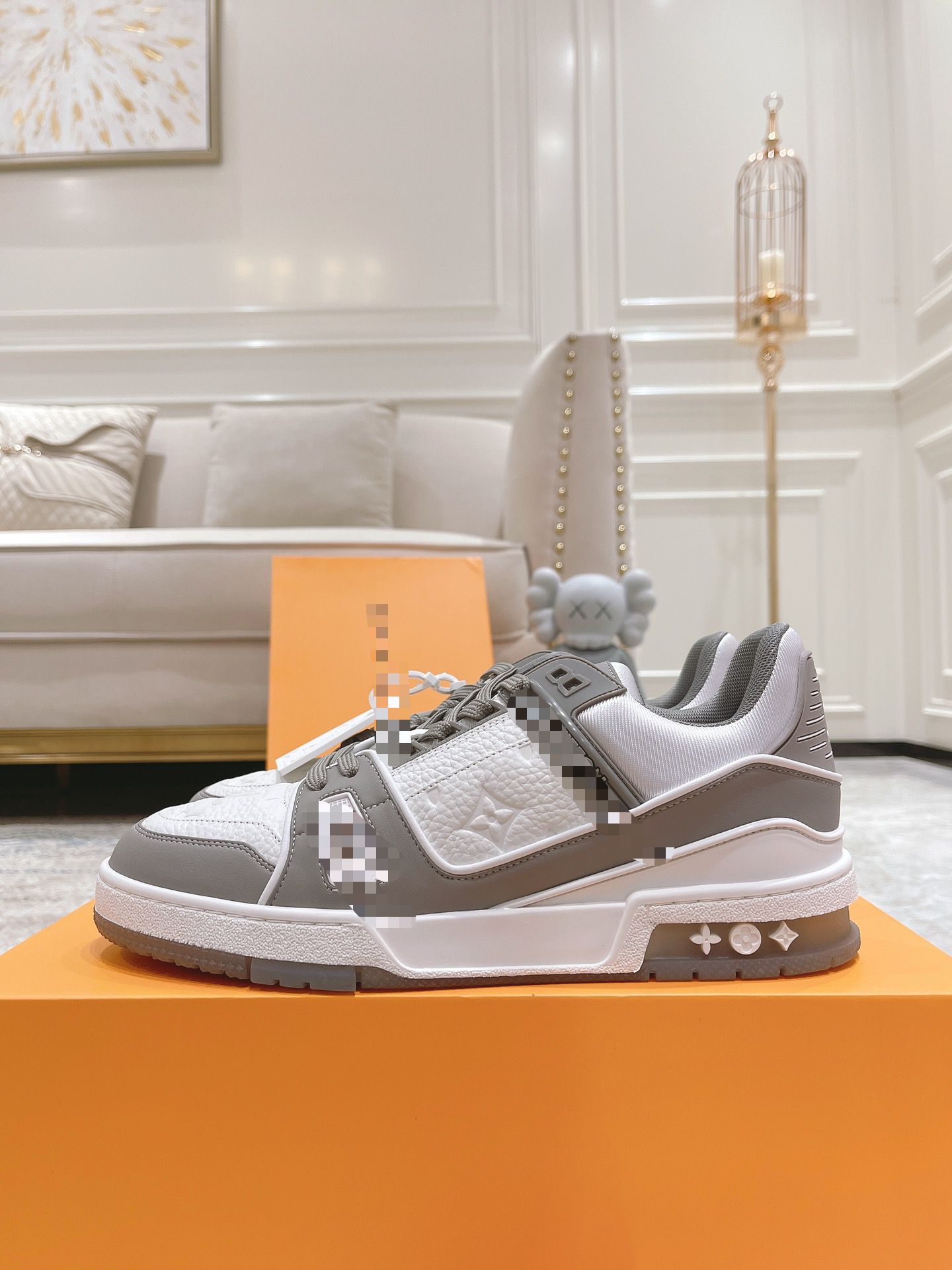 Grey & White Leather Low Top L V Trainer Sneaker