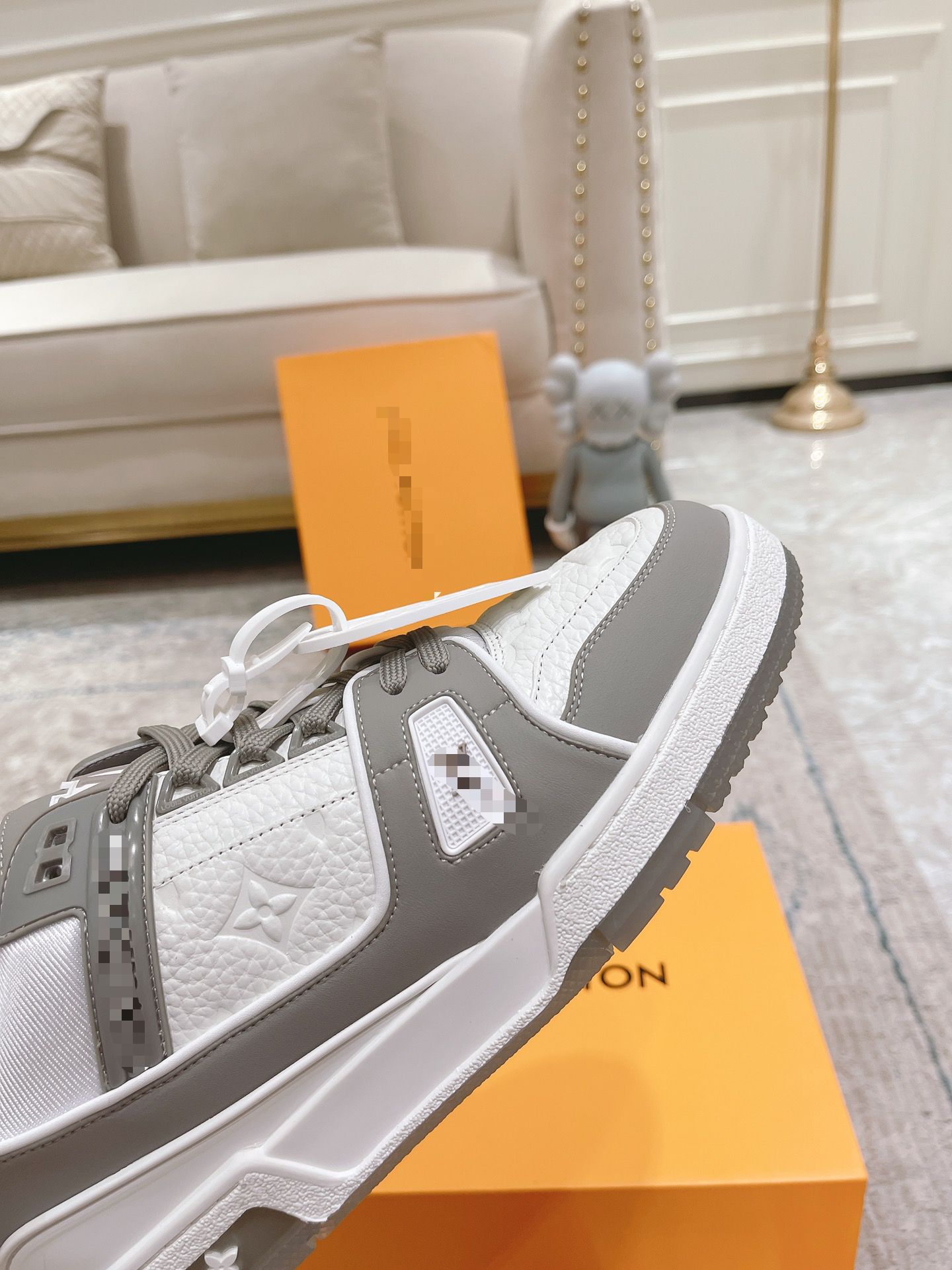 Grey & White Leather Low Top L V Trainer Sneaker