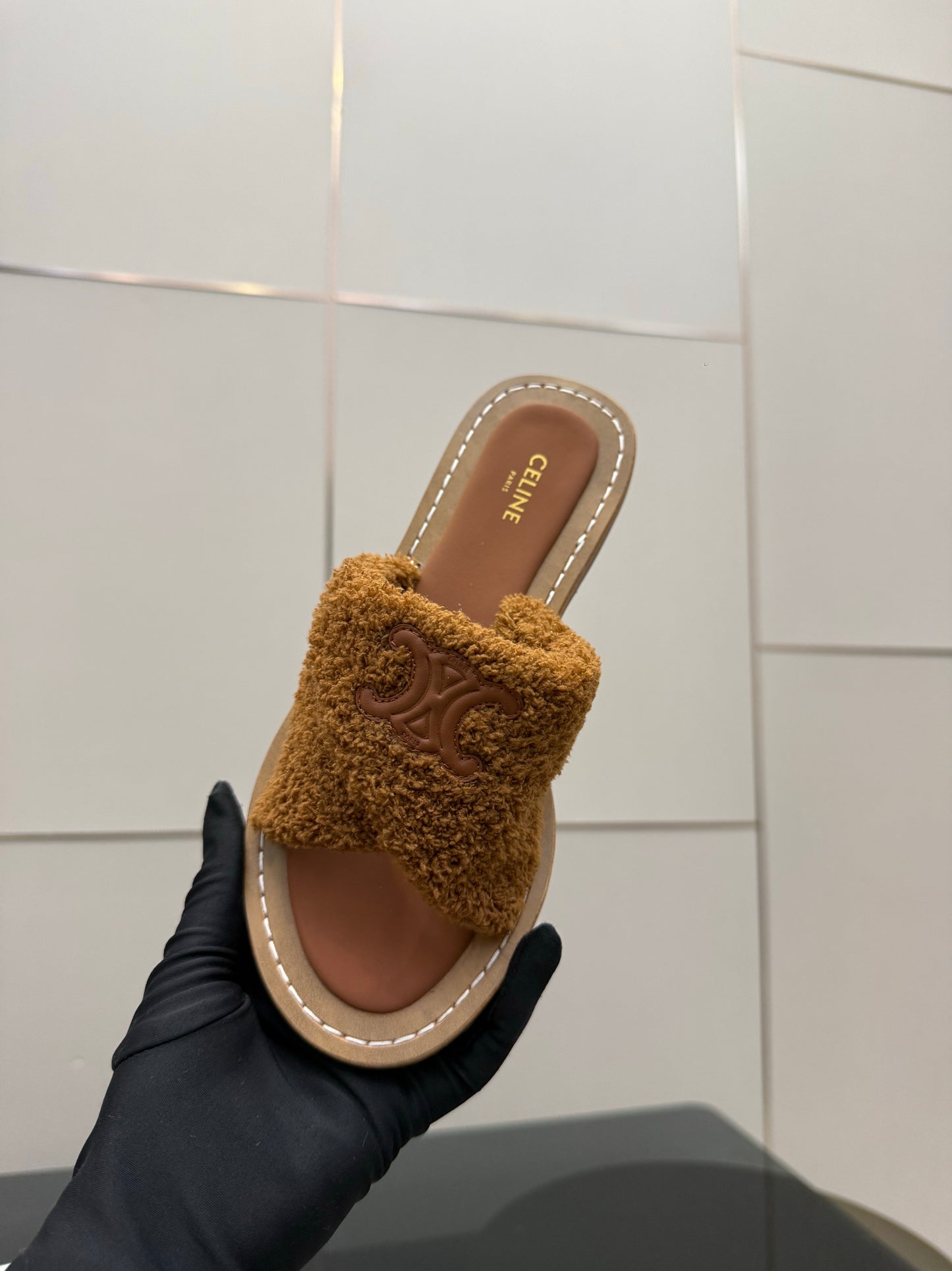 Triomphe Cross Mule Sandals – Plush Teddy Brown Shearling Criss-Cross Strap Slides