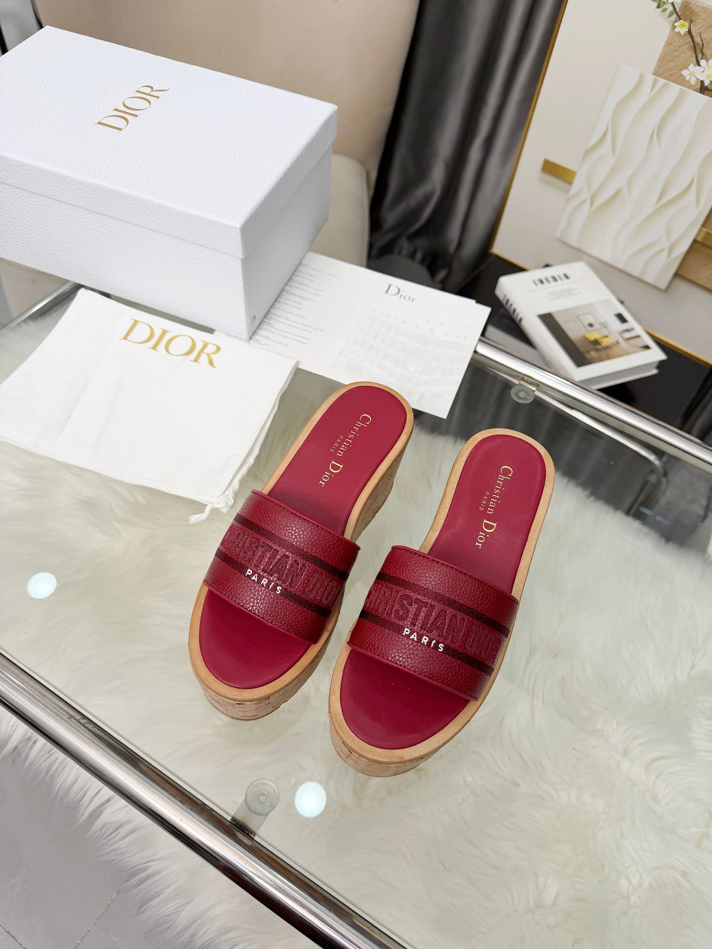 Dior Dway Platform Slide – Burgundy Grained Calfskin with 8-cm Sculptural Cork Wedge