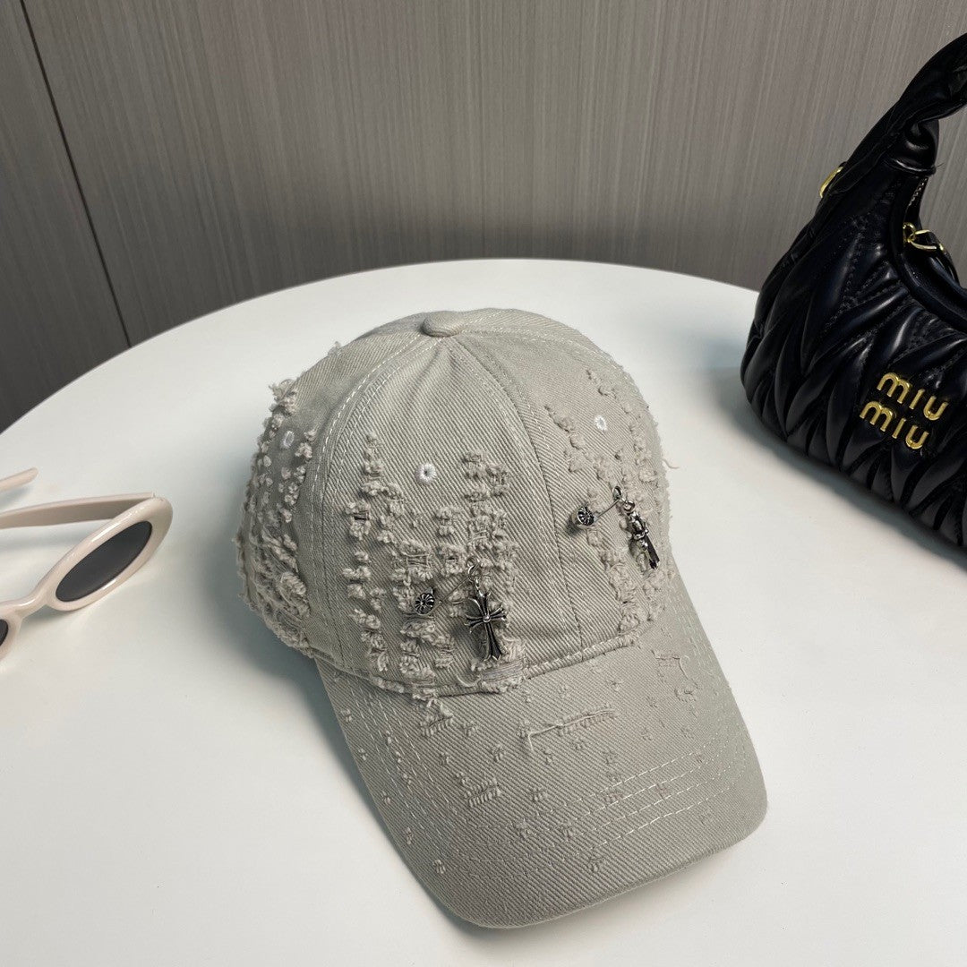 Distressed Safety Pin Baseball Cap – Washed Alabaster Beige Cotton Twill