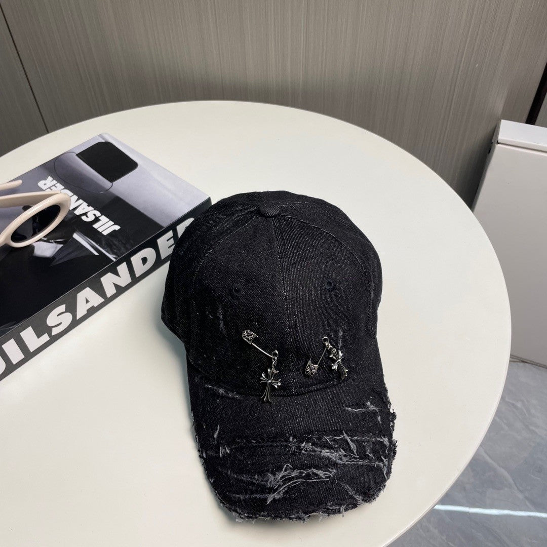 Distressed Safety Pin Baseball Cap – Washed Obsidian Black Cotton Twill