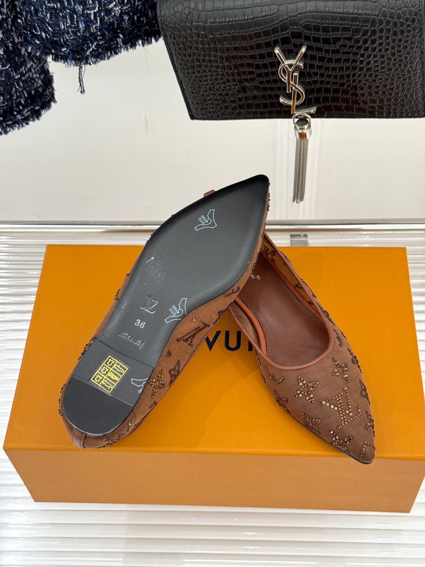 LV Gala Flat Ballerina – Rhinestone Monogram Mesh Pump in Marron