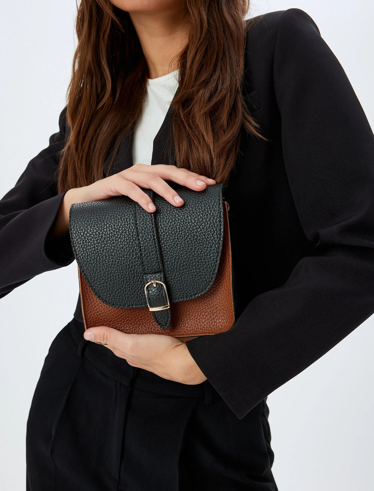 Color Block Faux Leather Brown Crossbody Bag