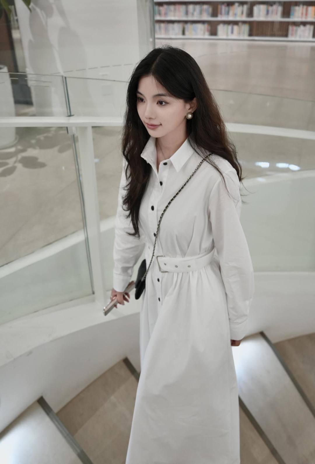 CD Bee-Embroidered Shirt Dress – Optic White Cotton Poplin Midi Dress with Obsidian Buttons