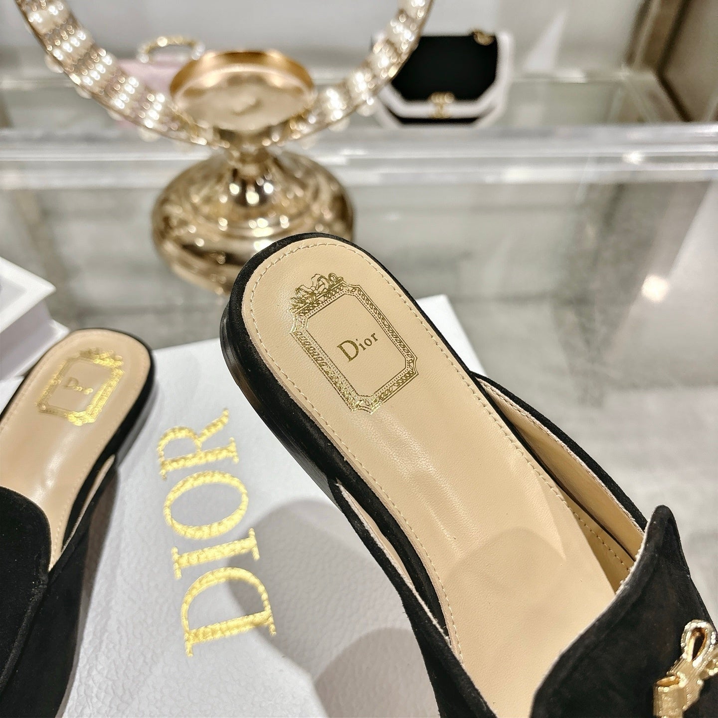 CD Boy "Baby Bow" Mules – Black Velvet-Suede with Gold-Finish Bow Charm