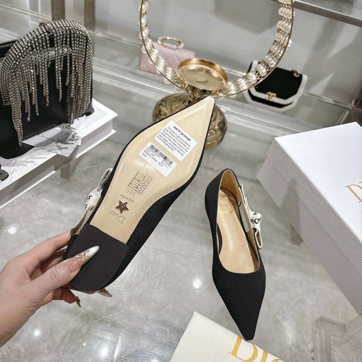 J'Adior Slingback Ballerina Flat – Obsidian Black Woven Technical Fabric with Embroidered Ribbon Strap