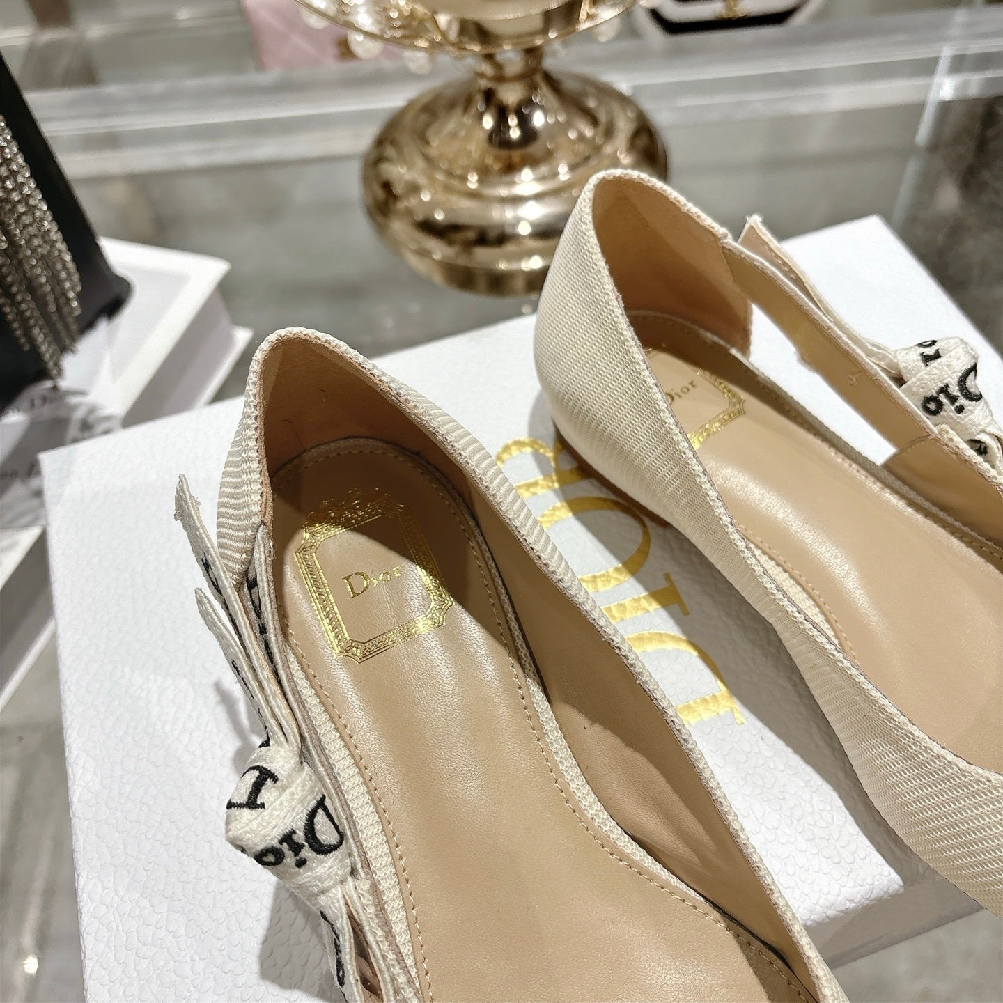 J'Adior Slingback Flat – White Embroidered Cotton with Signature Ribbon