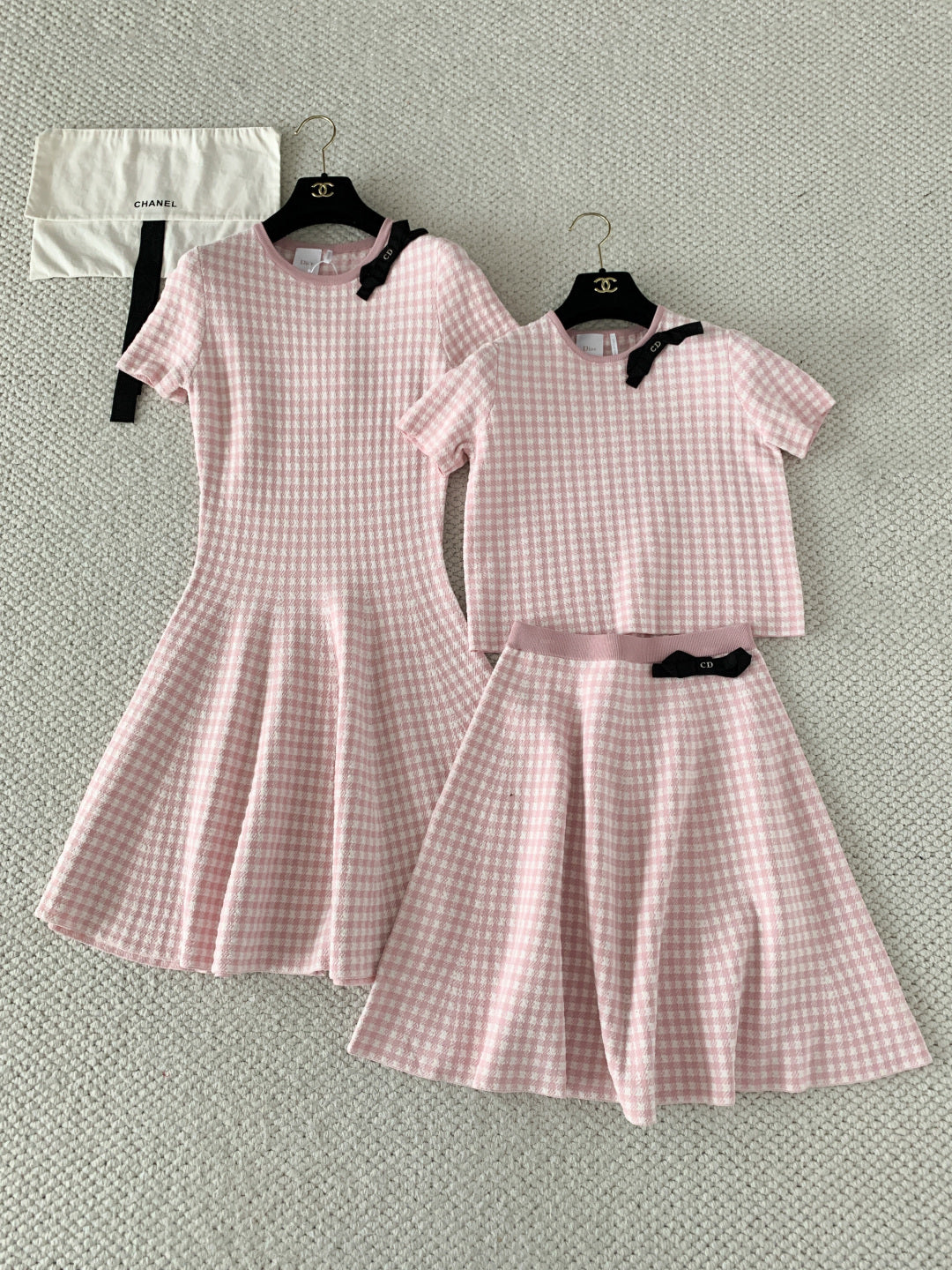 Vichy Cotton-Blend Knit Mini Flared Dress – Pastel Pink and White Gingham Dress