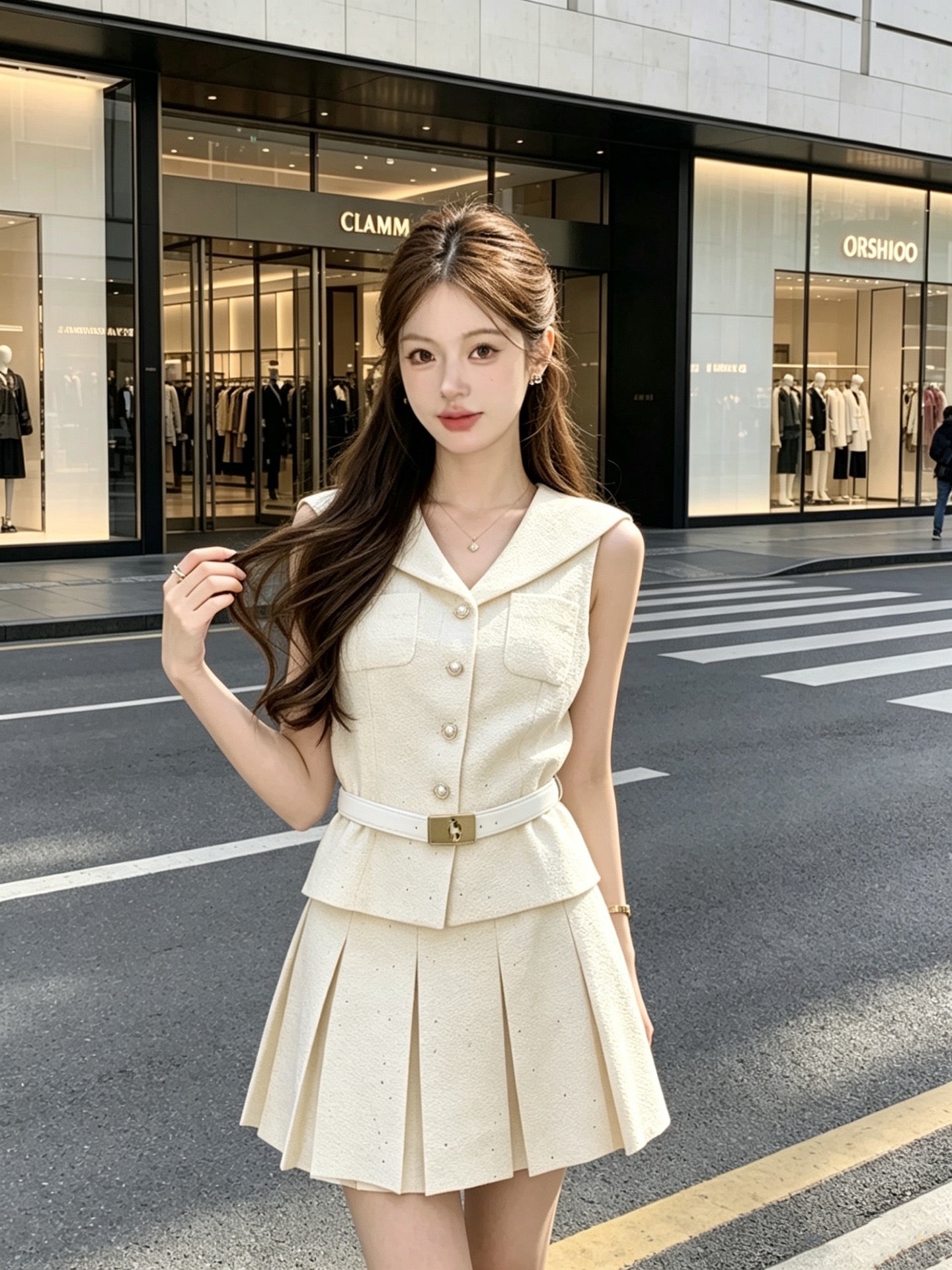 CD Sequined Tweed Set – Sailor Collar Sleeveless Gilet Vest and High-Waisted Pleated Skirt