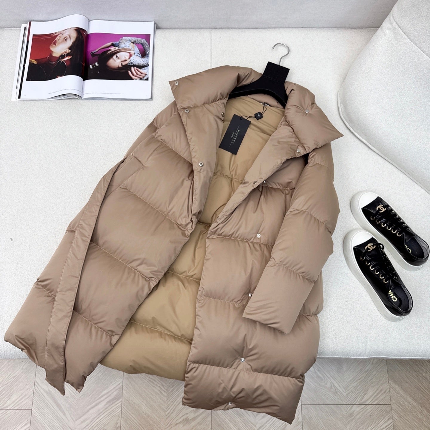 Camel Belted Puffer Coat for Women with High Collar