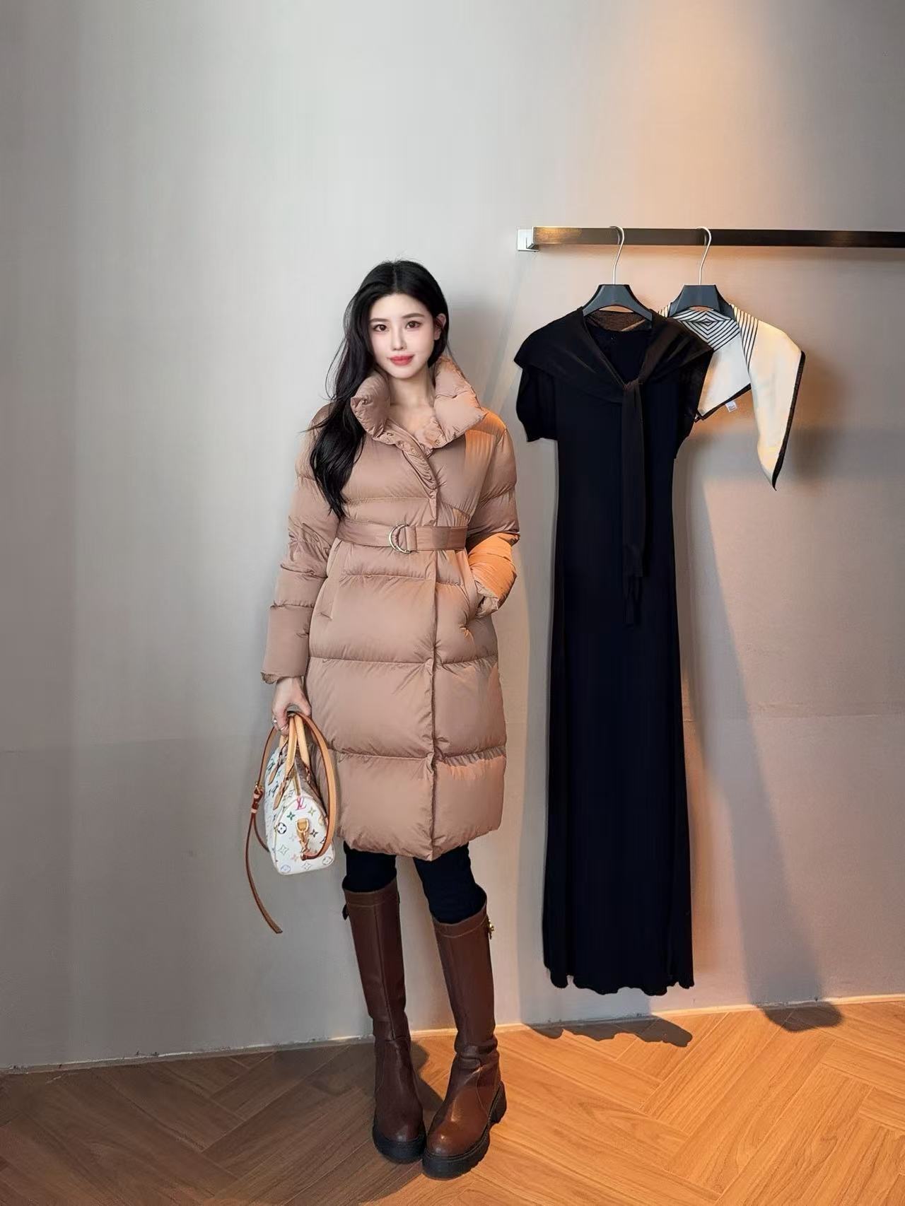 Camel Belted Puffer Coat for Women with High Collar
