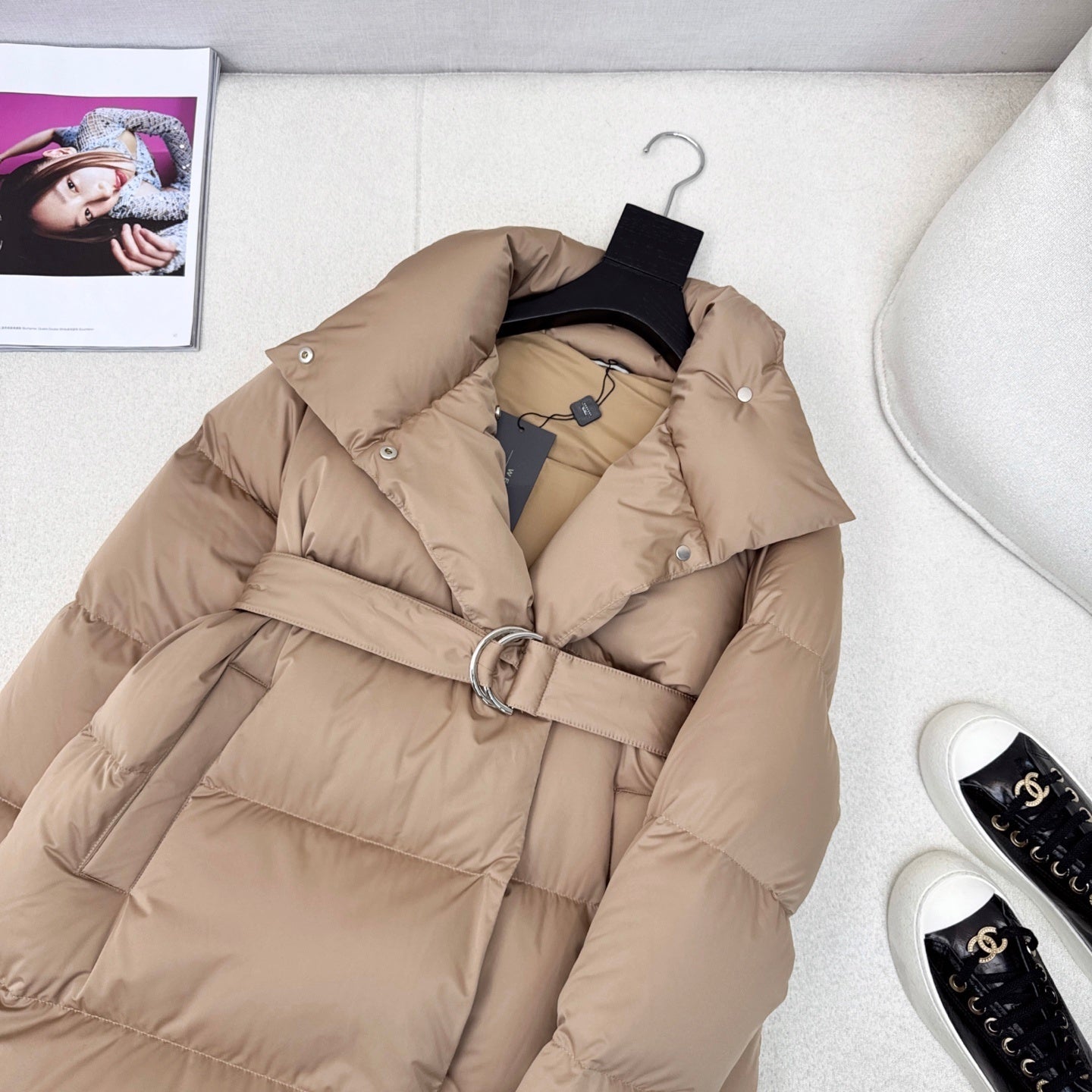 Camel Belted Puffer Coat for Women with High Collar