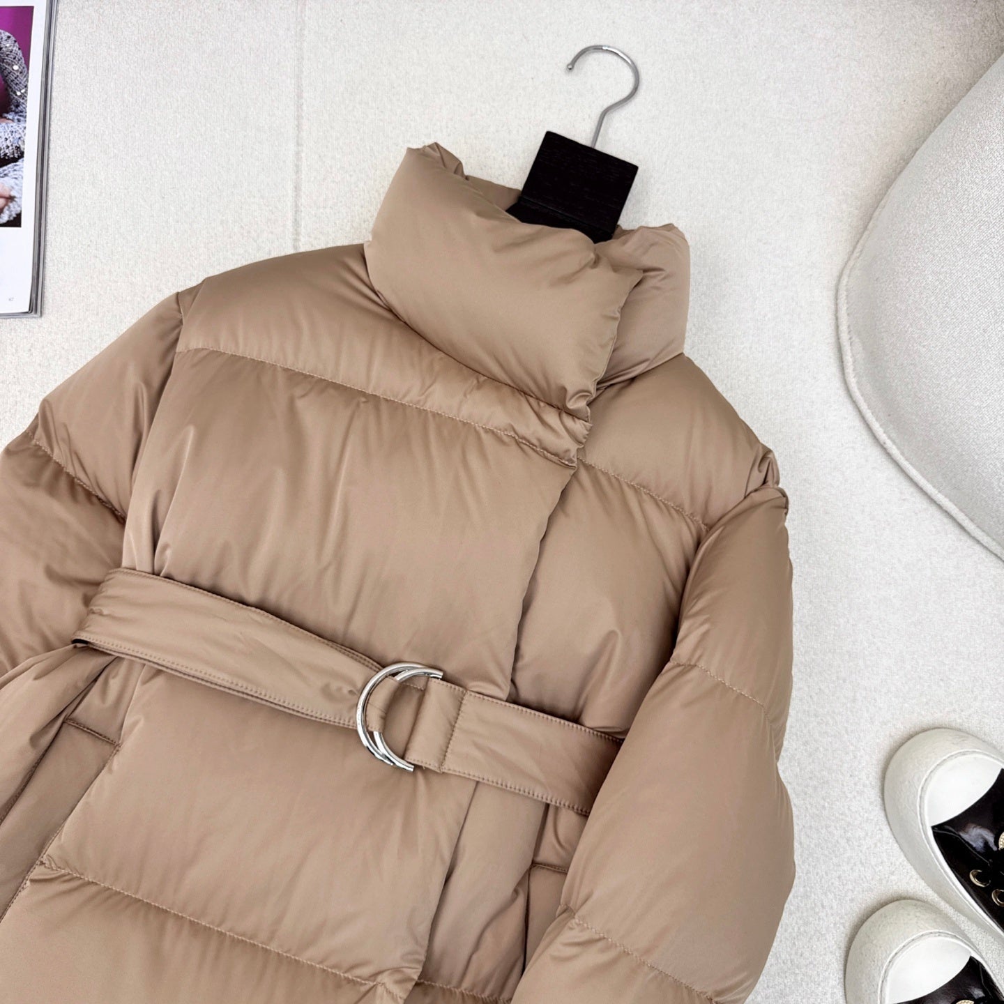 Camel Belted Puffer Coat for Women with High Collar