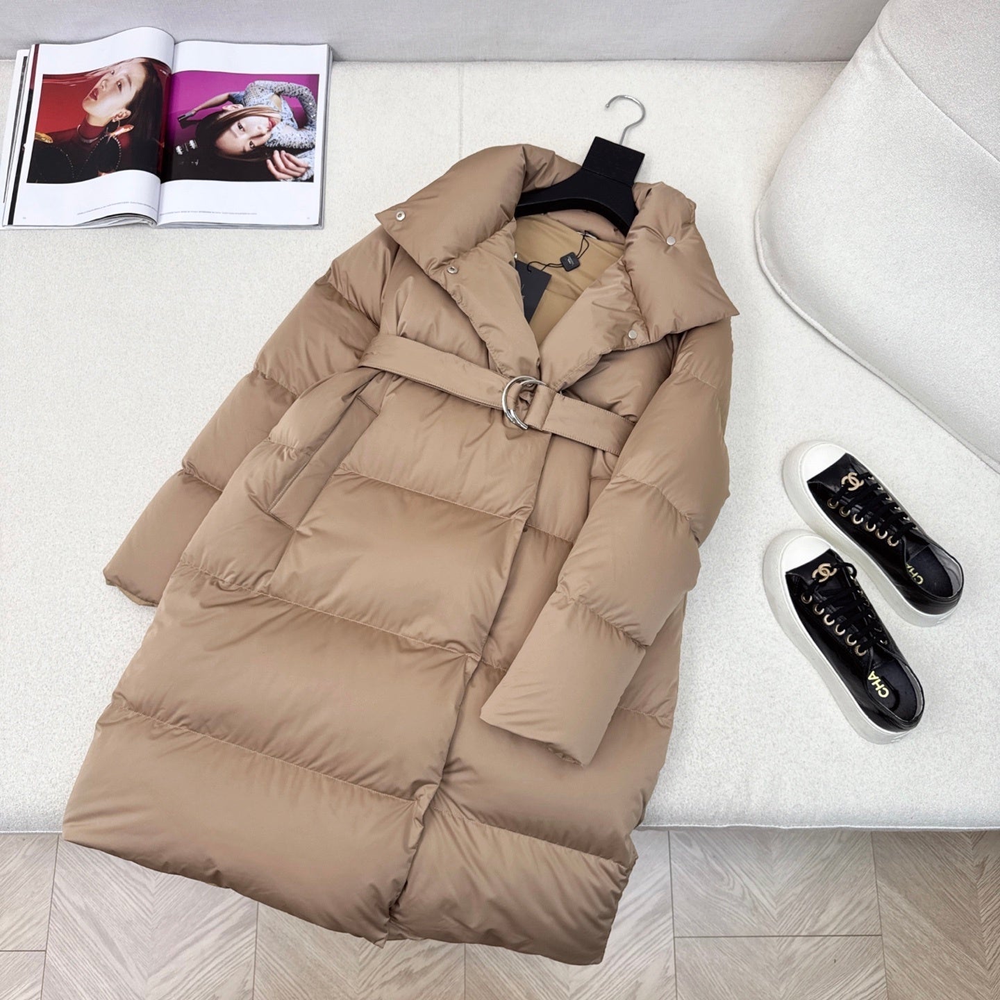 Camel Belted Puffer Coat for Women with High Collar