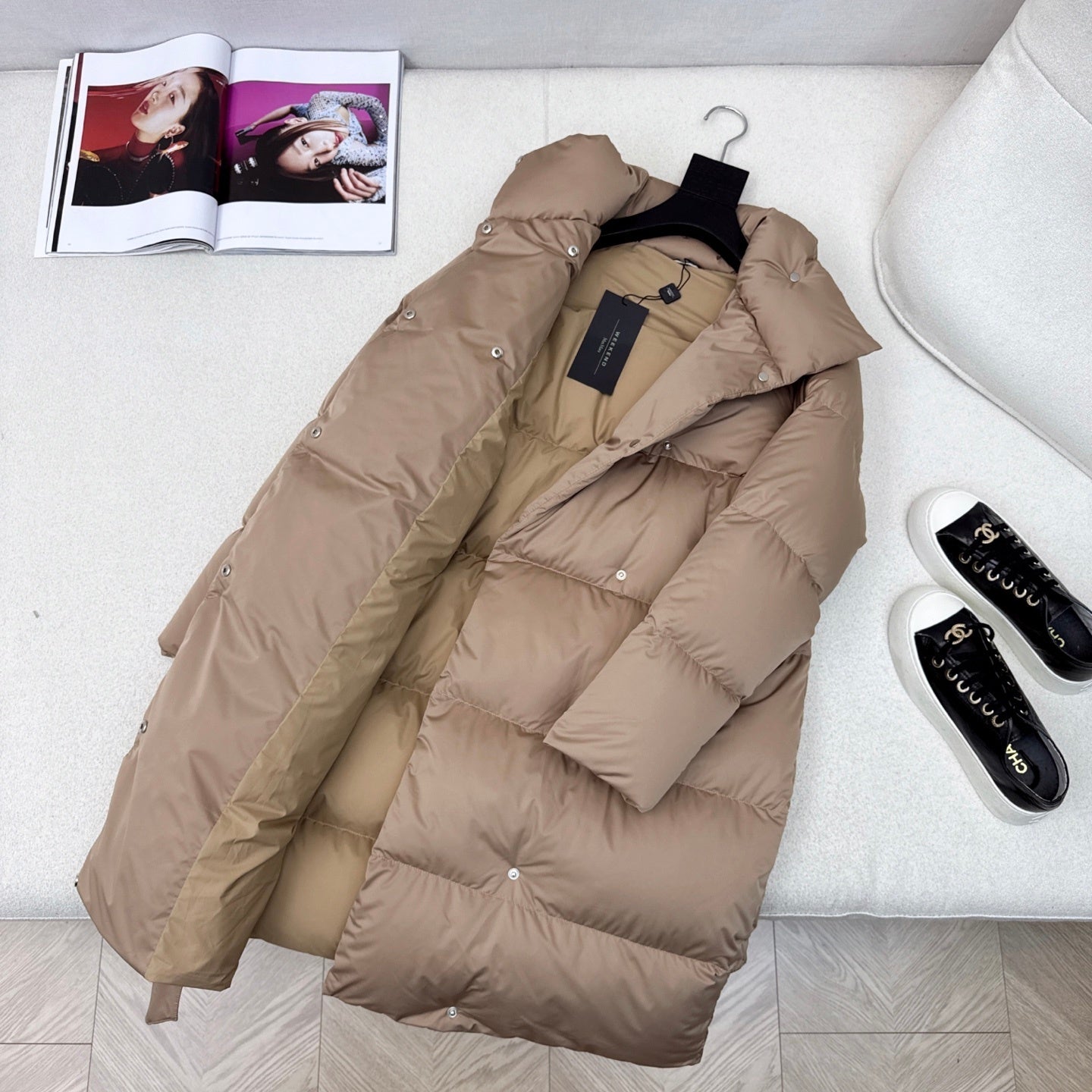 Camel Belted Puffer Coat for Women with High Collar