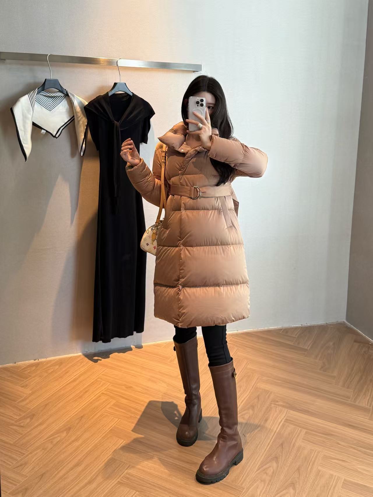 Camel Belted Puffer Coat for Women with High Collar