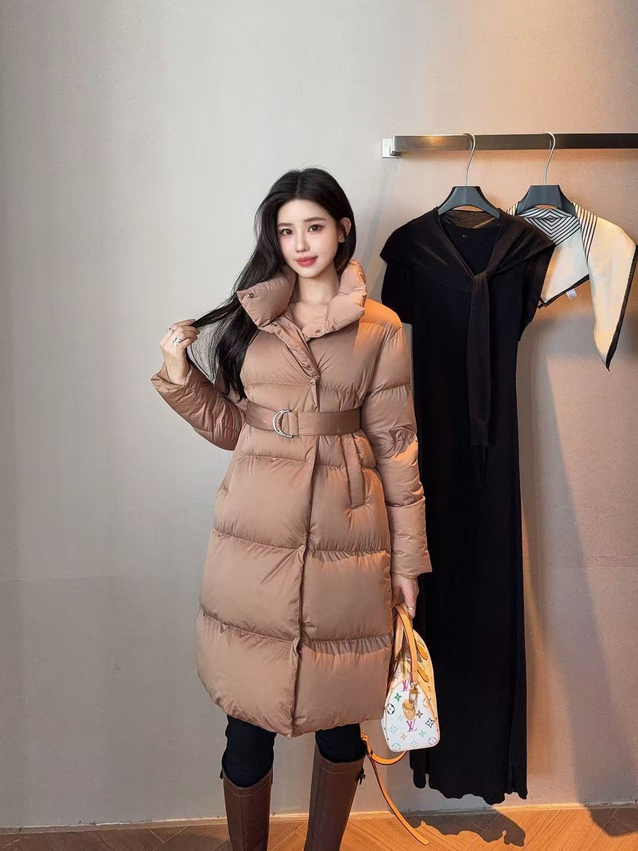 Camel Belted Puffer Coat for Women with High Collar
