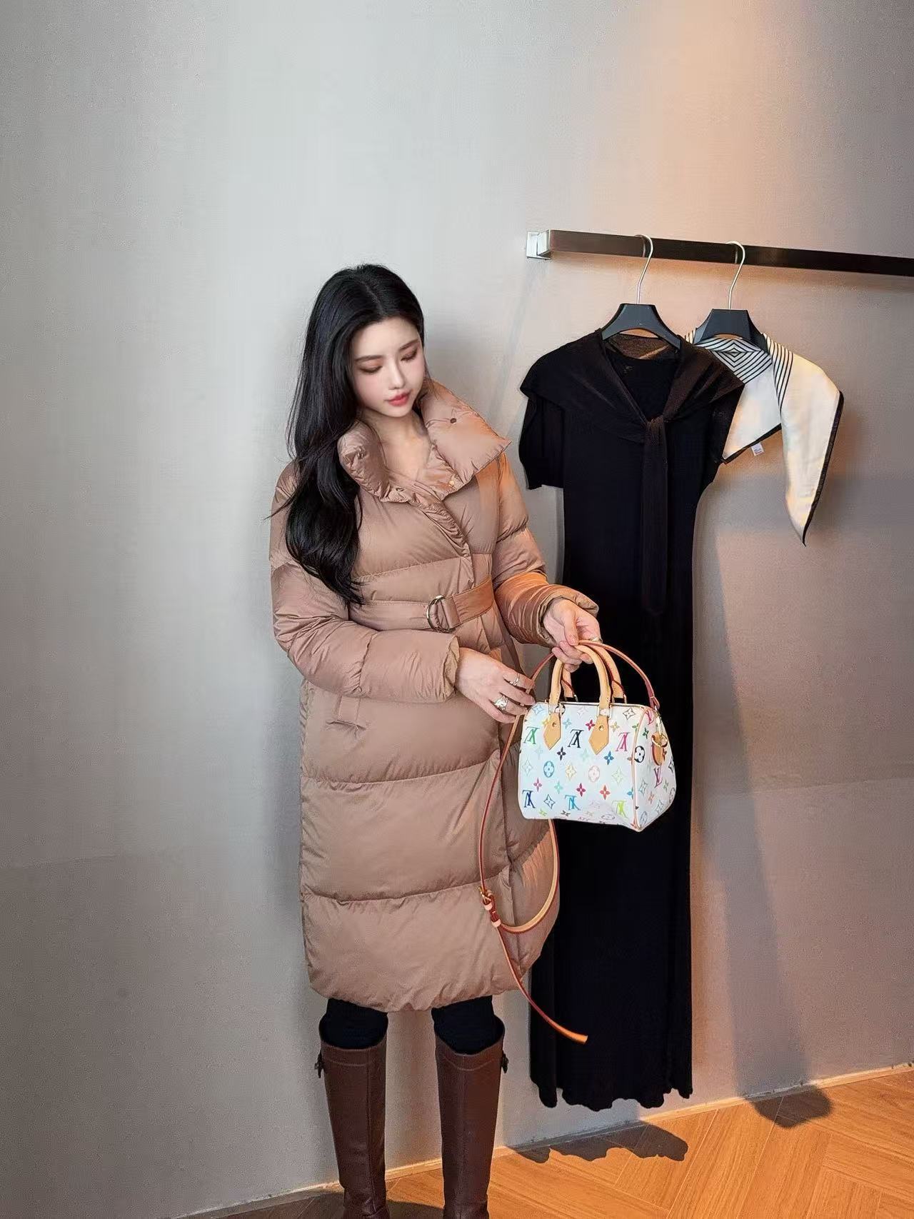 Camel Belted Puffer Coat for Women with High Collar