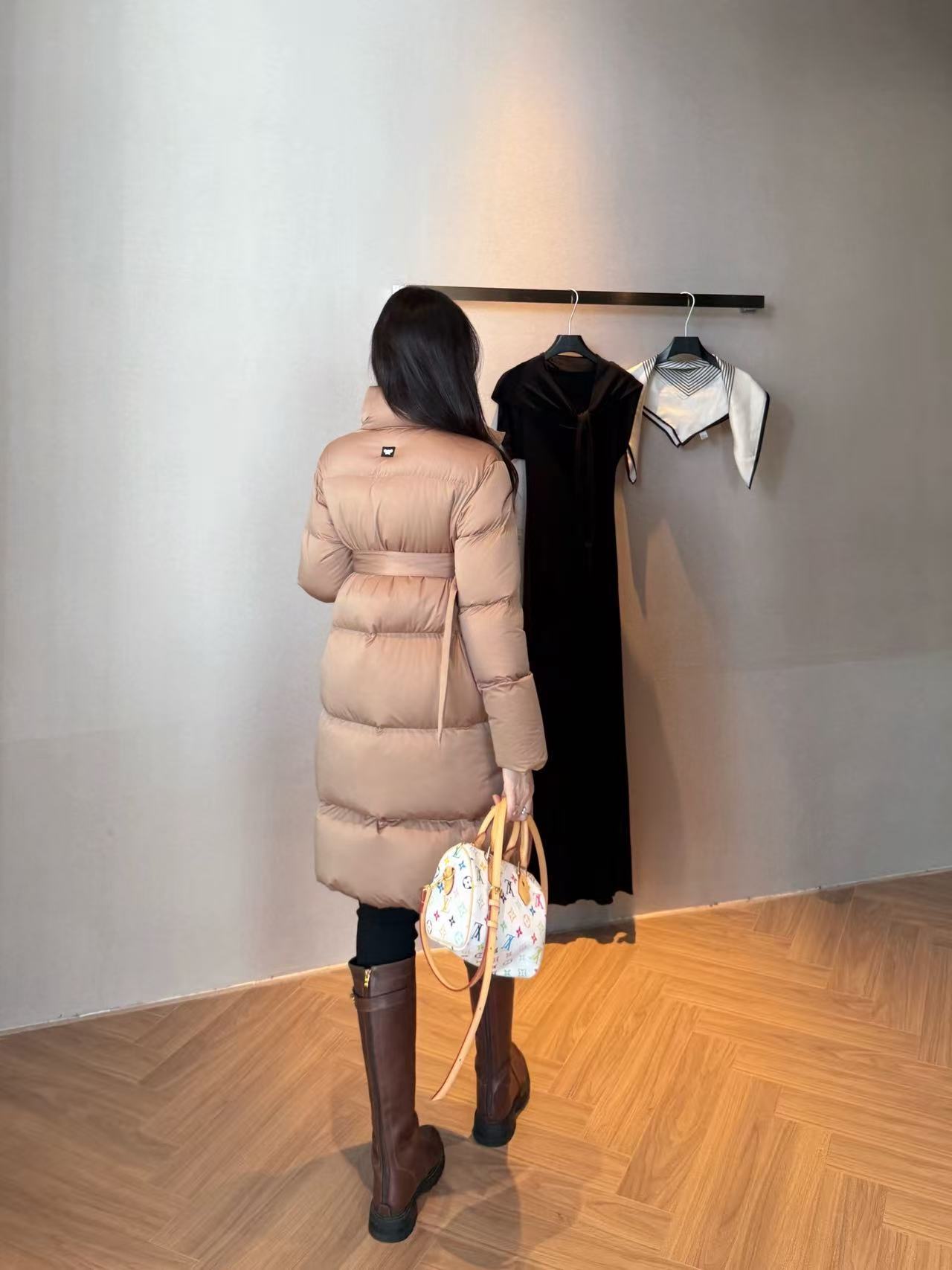 Camel Belted Puffer Coat for Women with High Collar