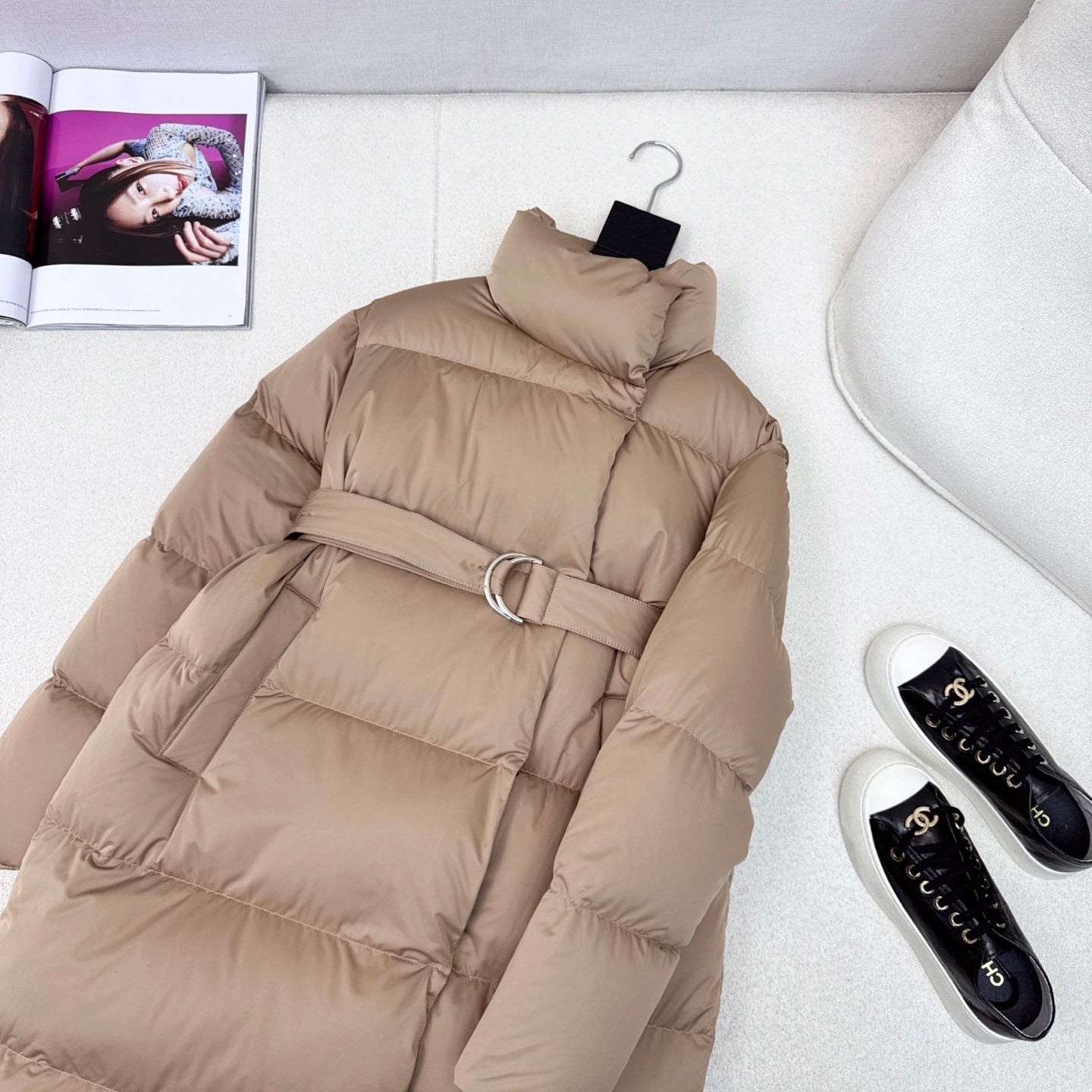 Camel Belted Puffer Coat for Women with High Collar