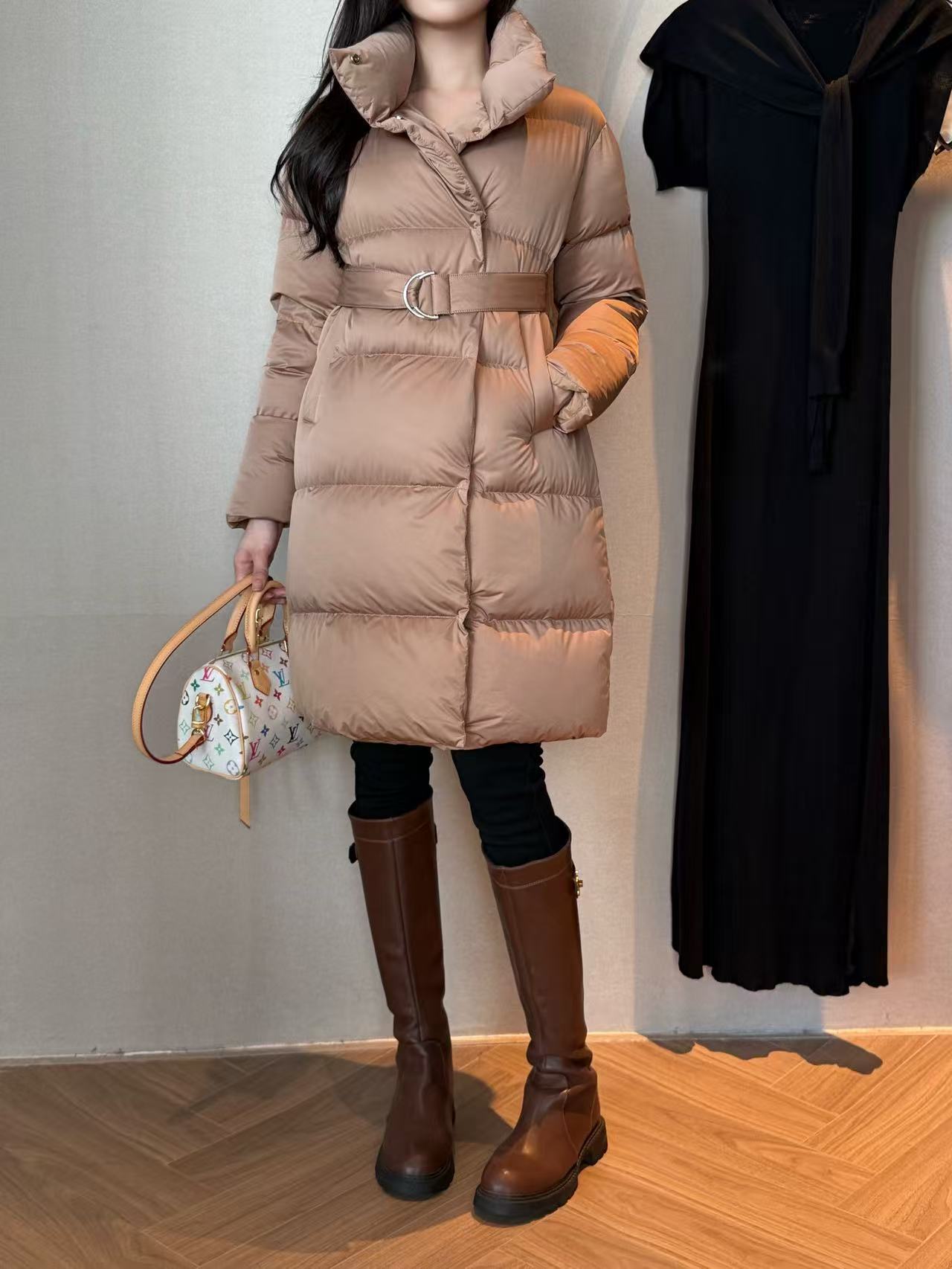 Camel Belted Puffer Coat for Women with High Collar