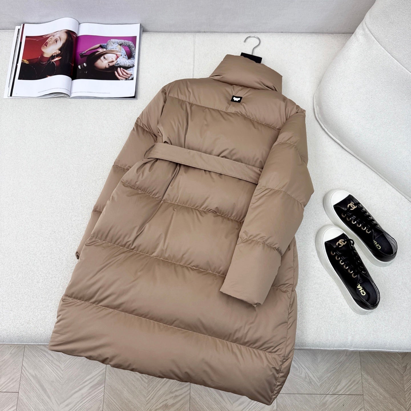 Camel Belted Puffer Coat for Women with High Collar