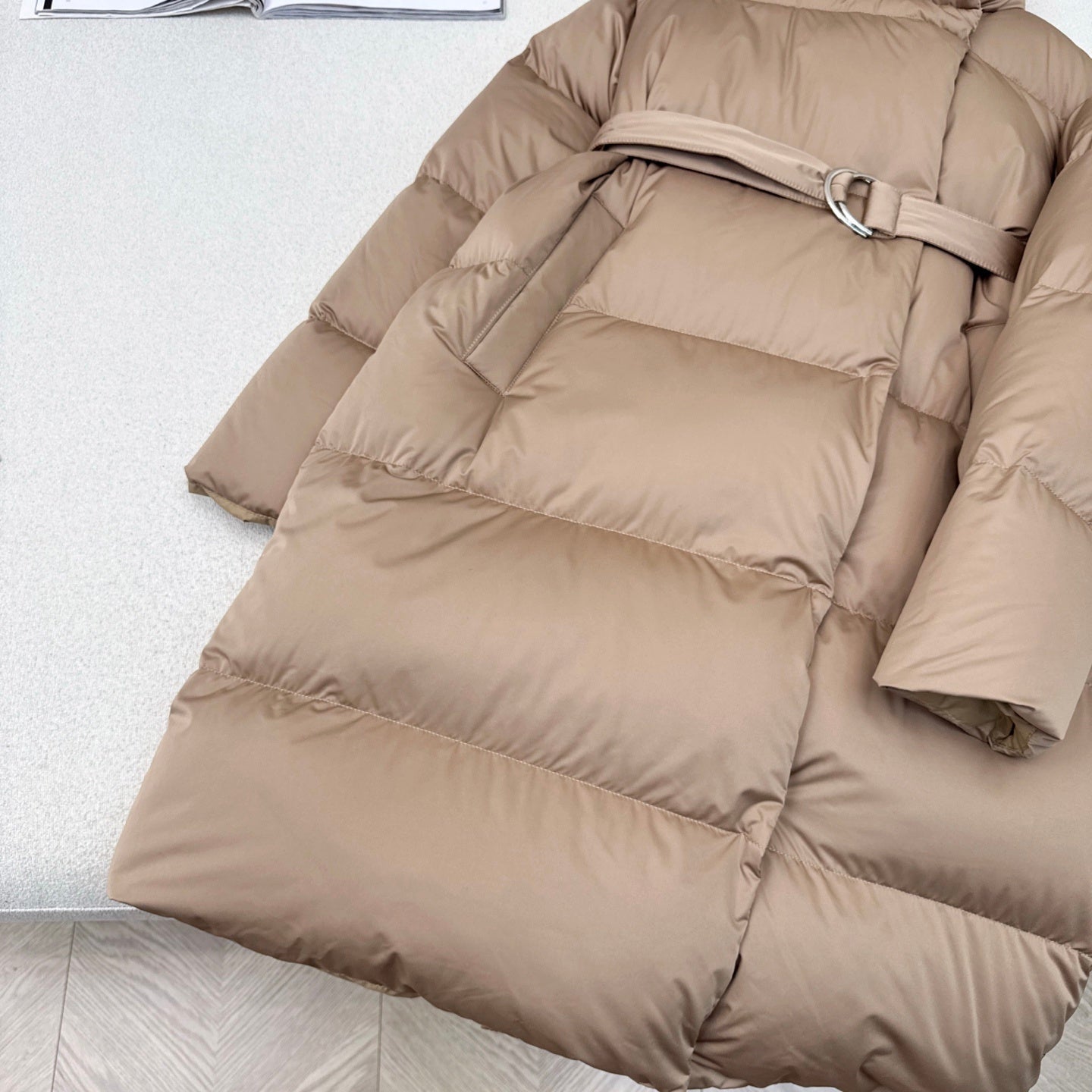 Camel Belted Puffer Coat for Women with High Collar