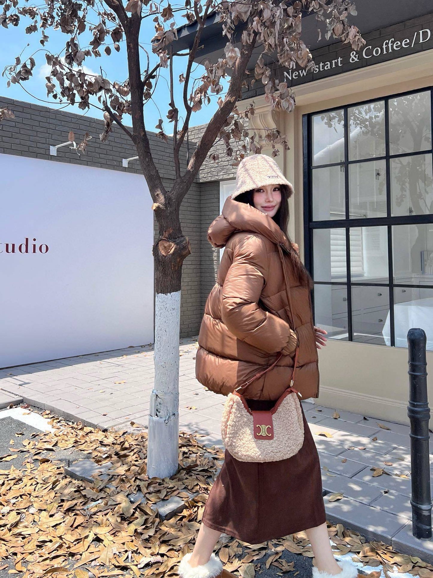 Caramel Brown Women's Hooded Puffer Coat