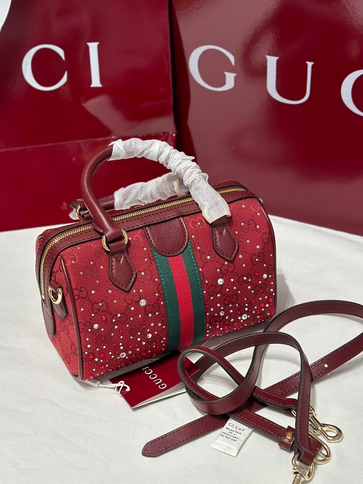 Ophidia Small Boston Bag in Rosso Ancora GG Canvas with Crystals