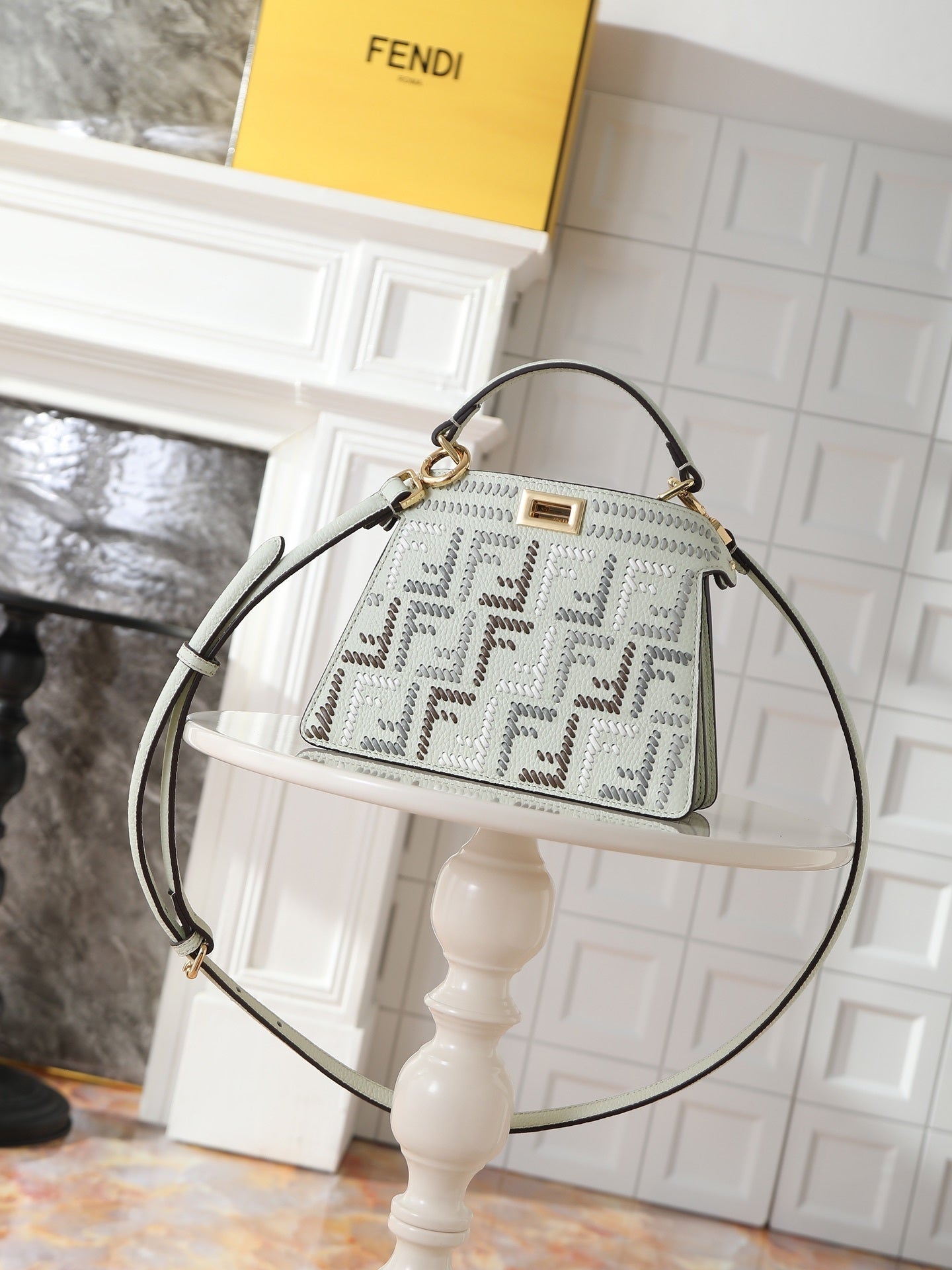 Fendi Peekaboo ISeeU Small – White Calfskin Bag with Hand-Placed "Blooming Crystals"