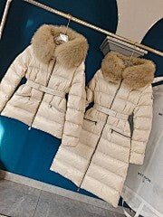 Belted Down Jacket and Coat – Alabaster White High-Shine Nylon Laqué Puffer with Cream-Tan Fur Collar