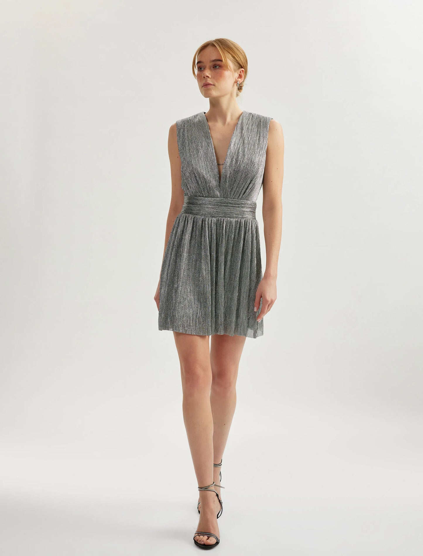 Shimmering V-Neck Flounce Silver Mini Dress