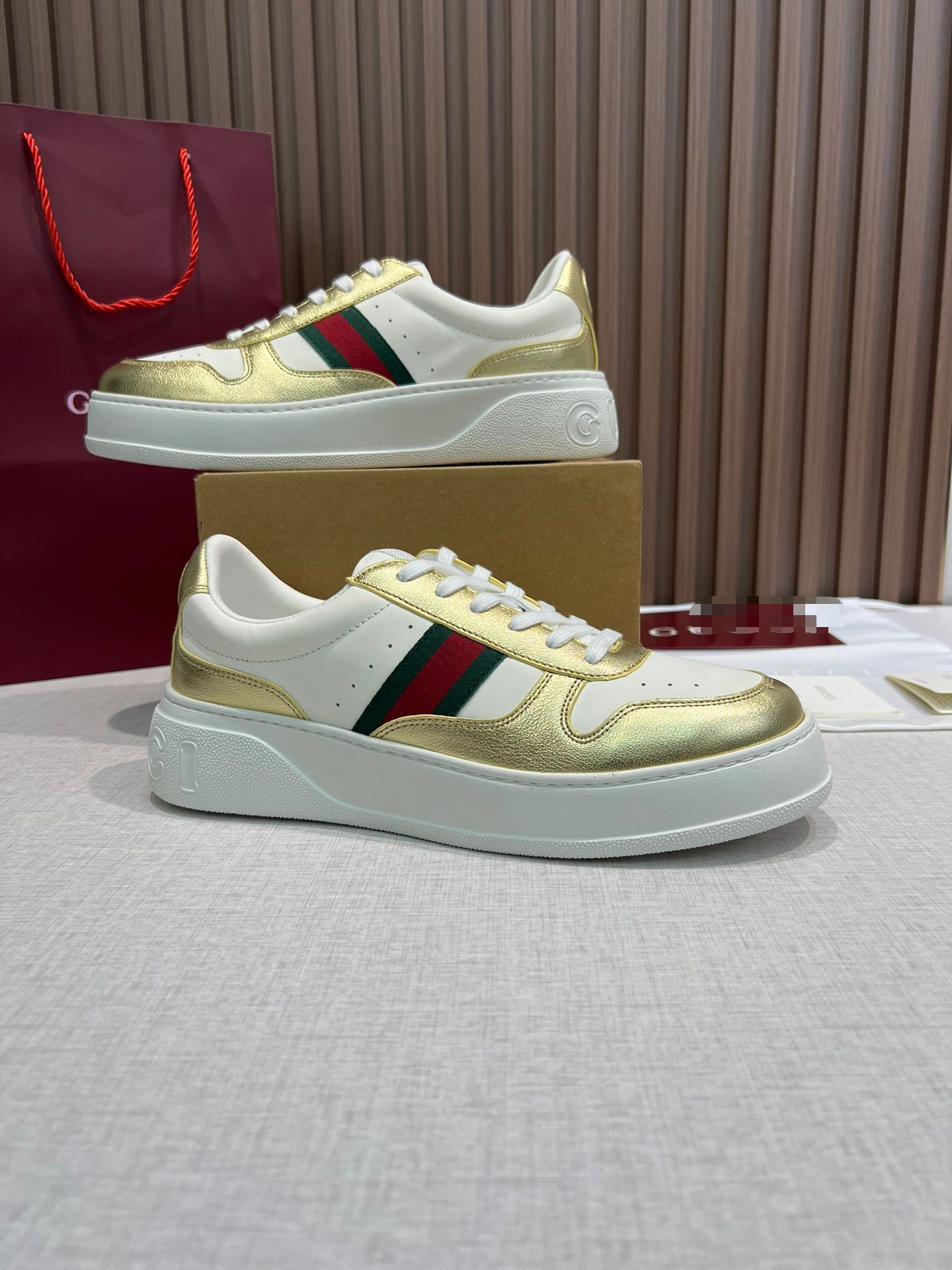 Leather Sneakers – White & Metallic Gold with Green/Red Web Stripe | Men’s Low-Top Luxury Sneakers