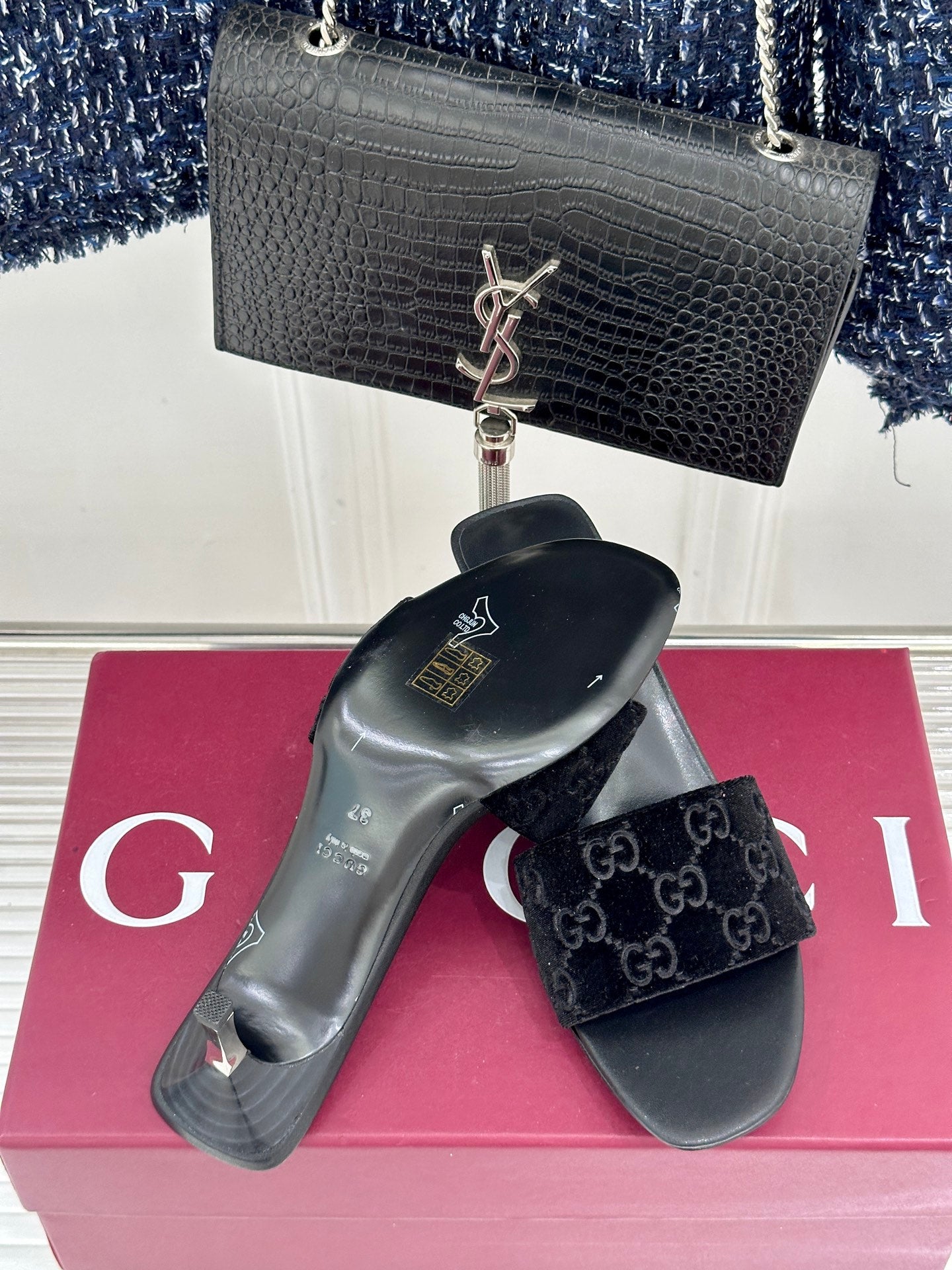 GG Velvet Heeled Slide Sandals – Obsidian Black Monogrammed High-Density Velvet Open-Toe Mules