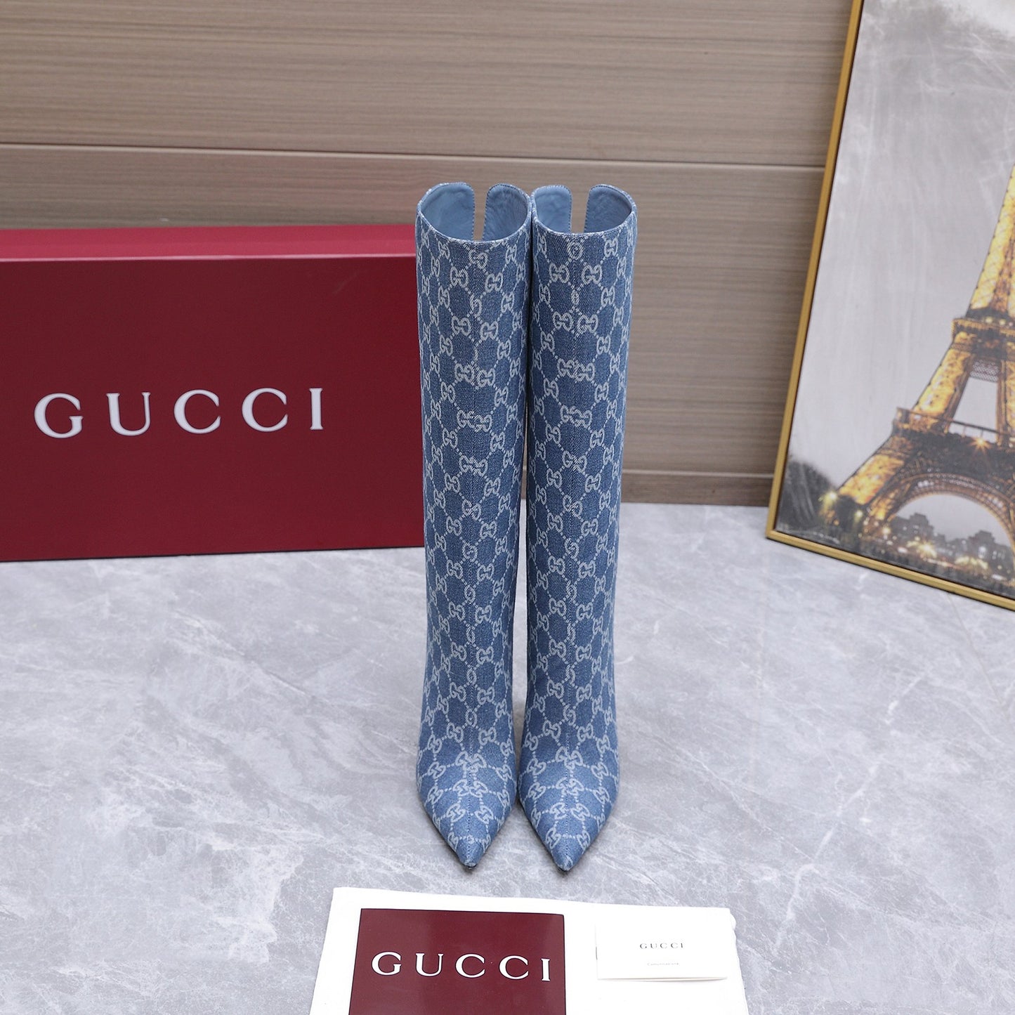 GG Denim Knee High Boots – Vintage Indigo Blue Monogram Denim Pointed-Toe Tall Boots