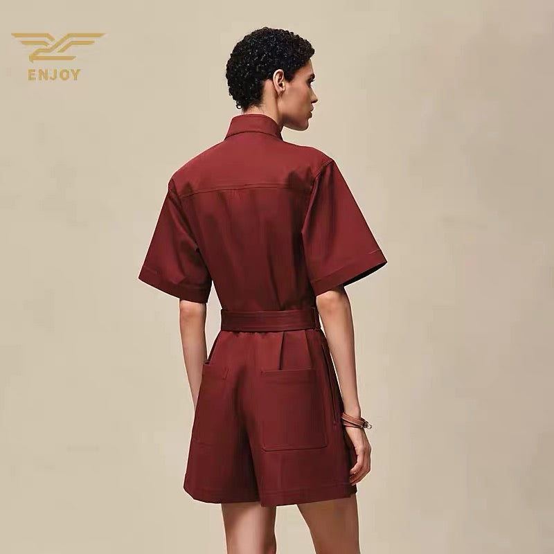 Double Cotton Twill Short Jumpsuit – High-Density Tailored Playsuit with Ring-Pull Zip Pockets