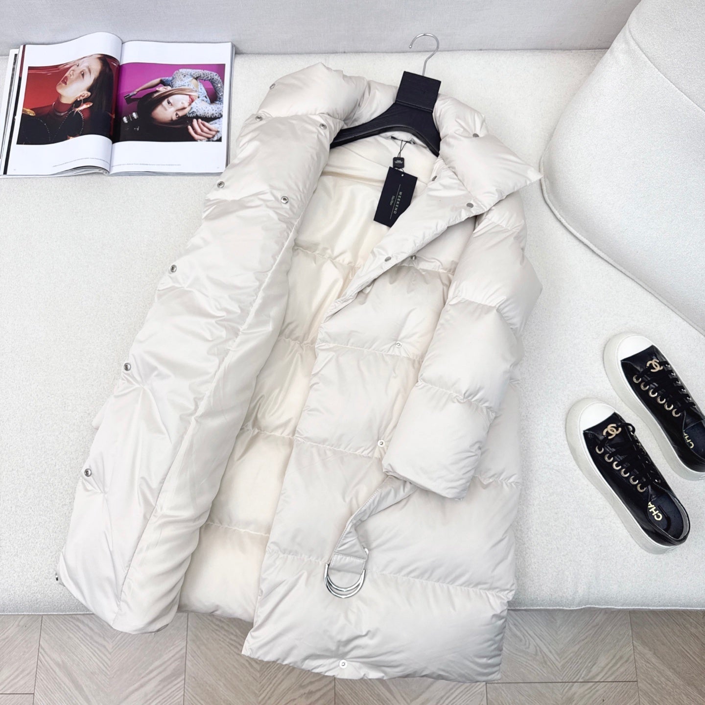 Cream Women's Long Puffer Coat with Belt and High Collar