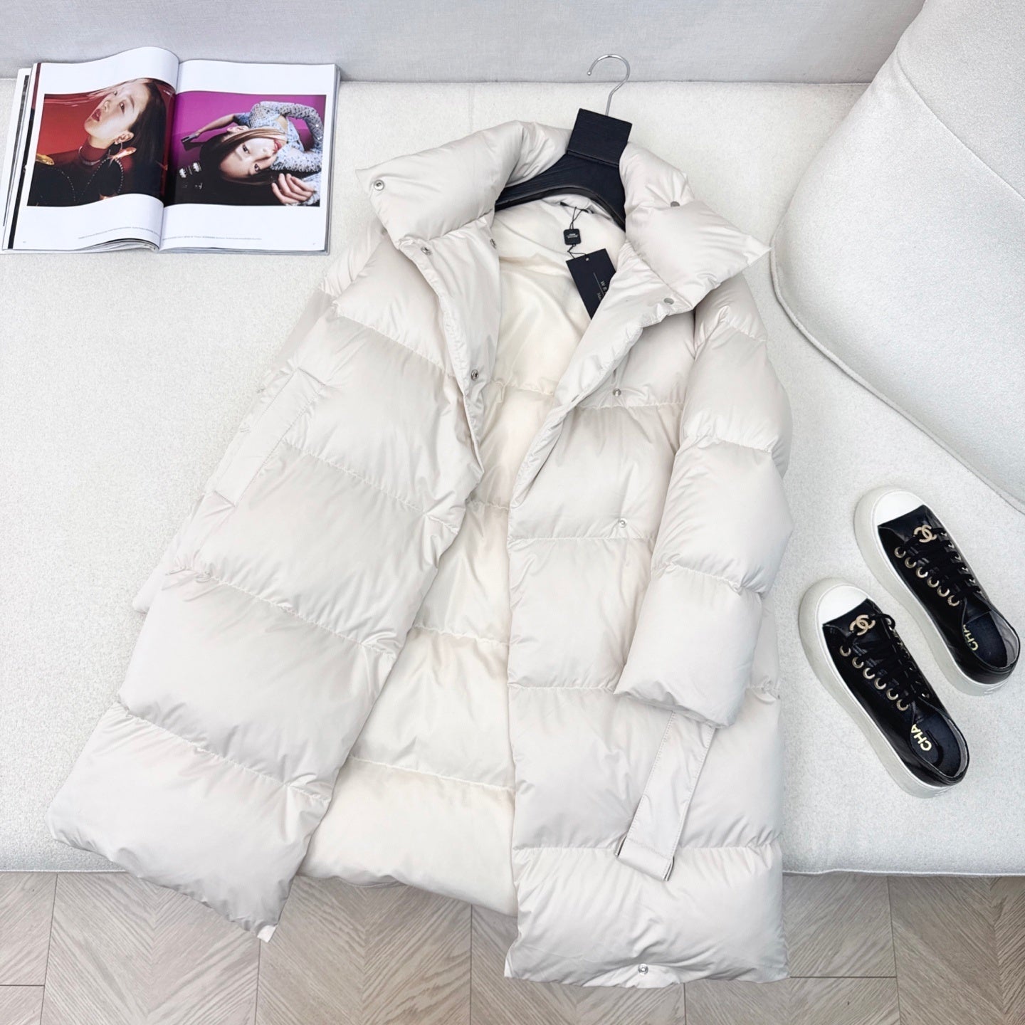 Cream Women's Long Puffer Coat with Belt and High Collar