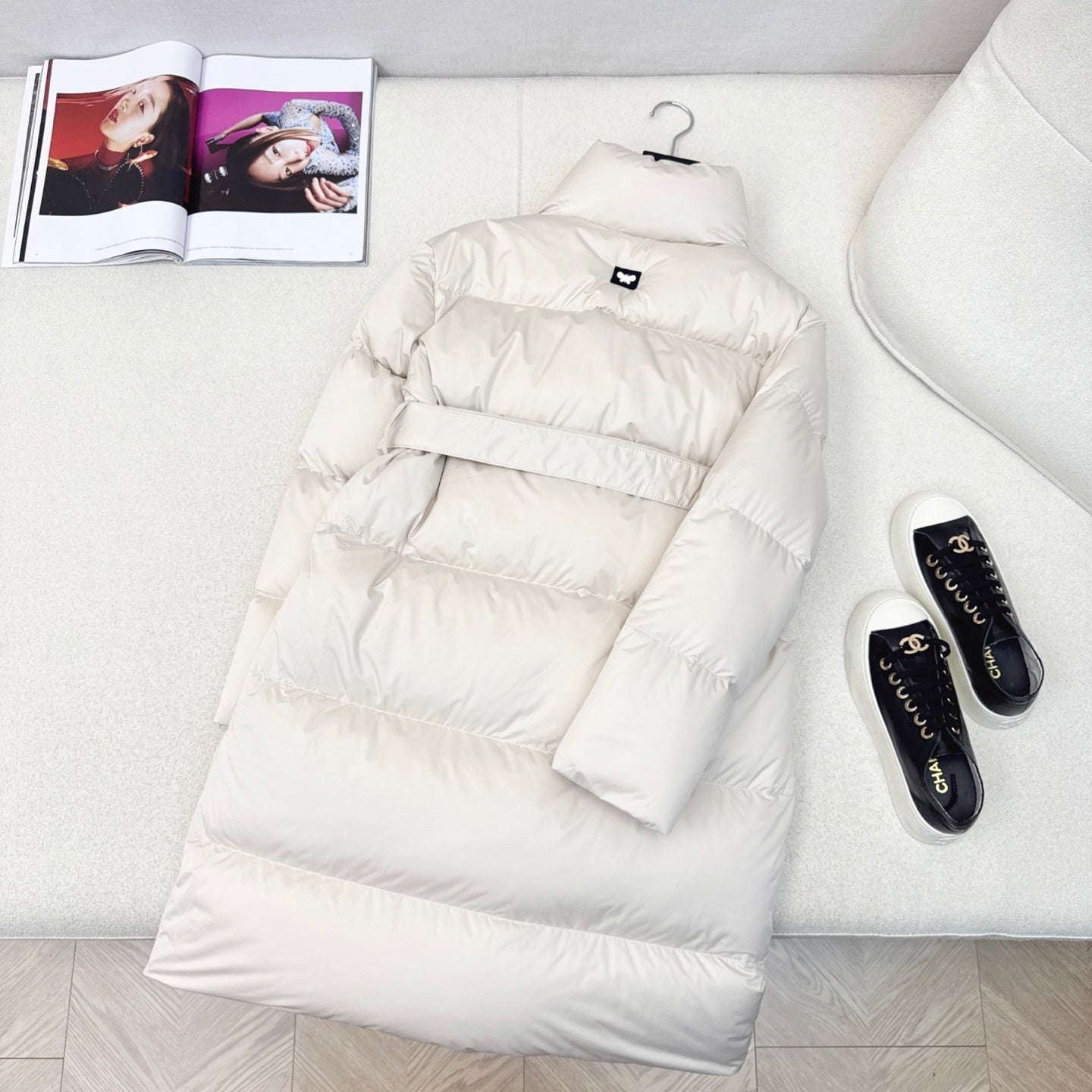 Cream Women's Long Puffer Coat with Belt and High Collar