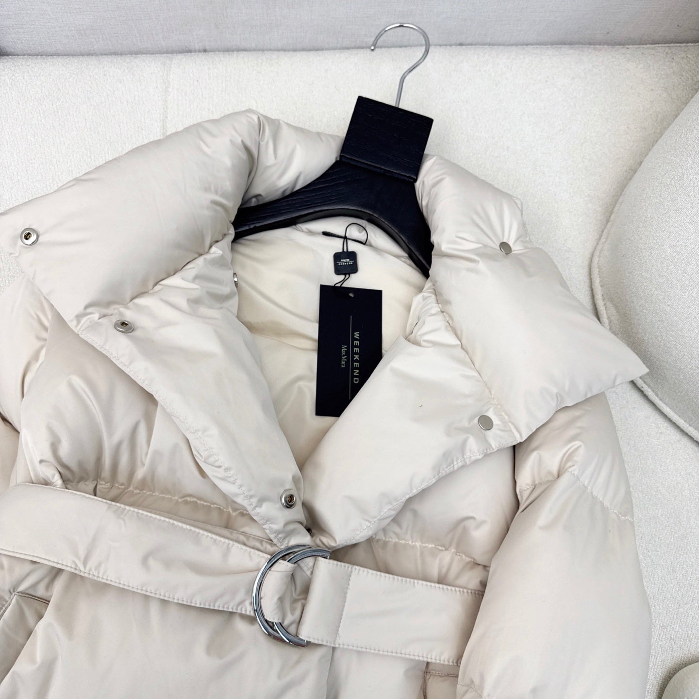 Cream Women's Long Puffer Coat with Belt and High Collar