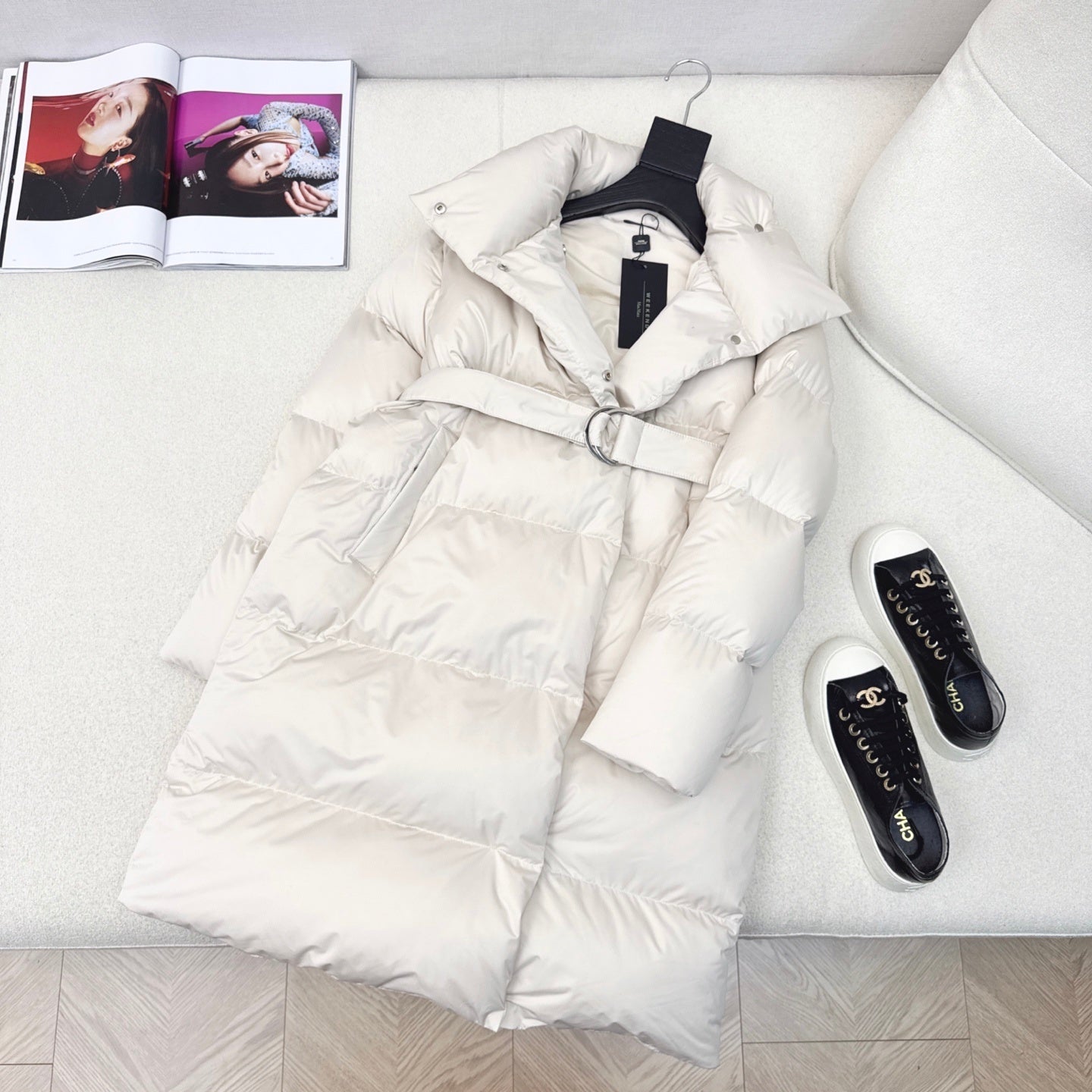Cream Women's Long Puffer Coat with Belt and High Collar