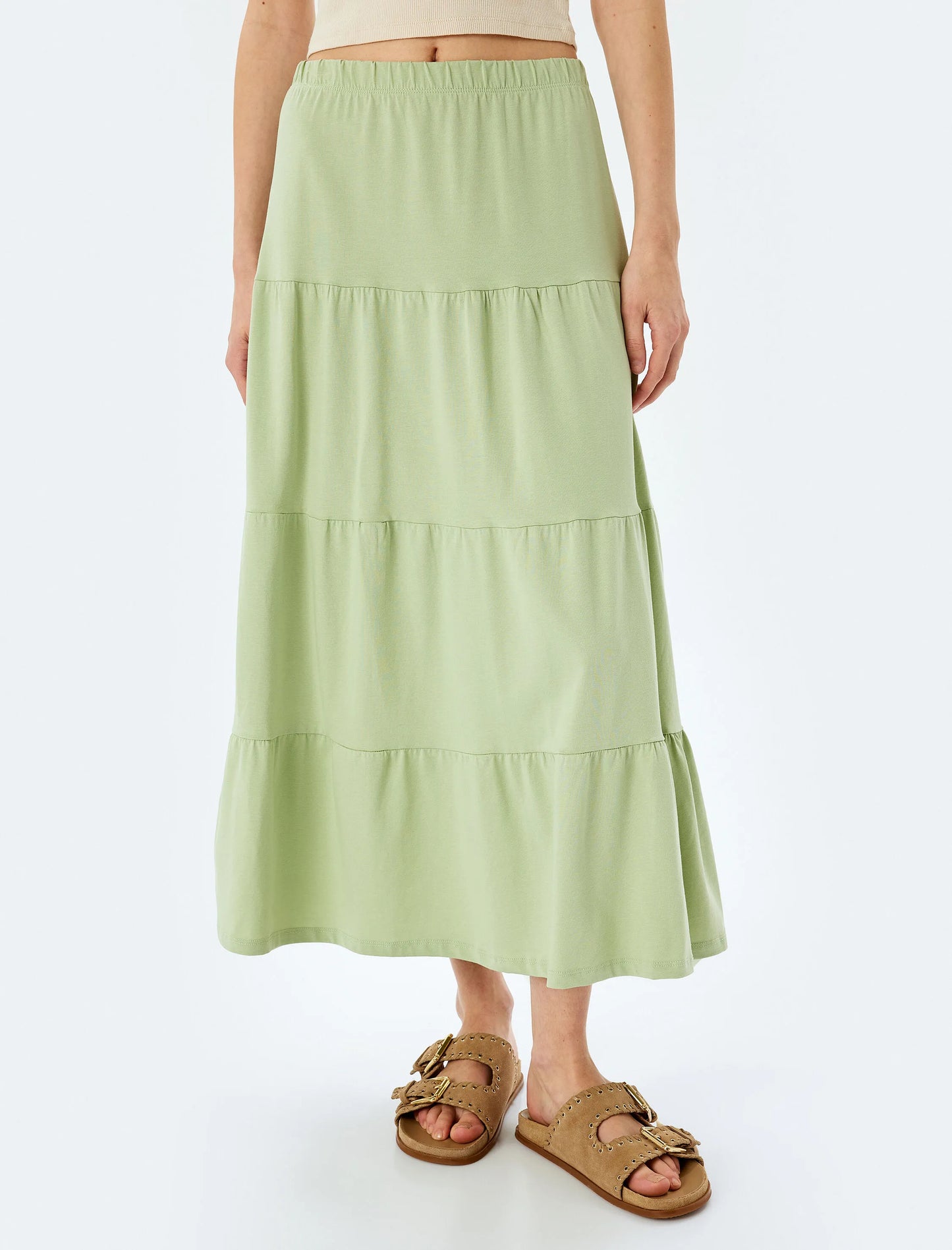 Effortless Flounce Khaki Midi Skirt
