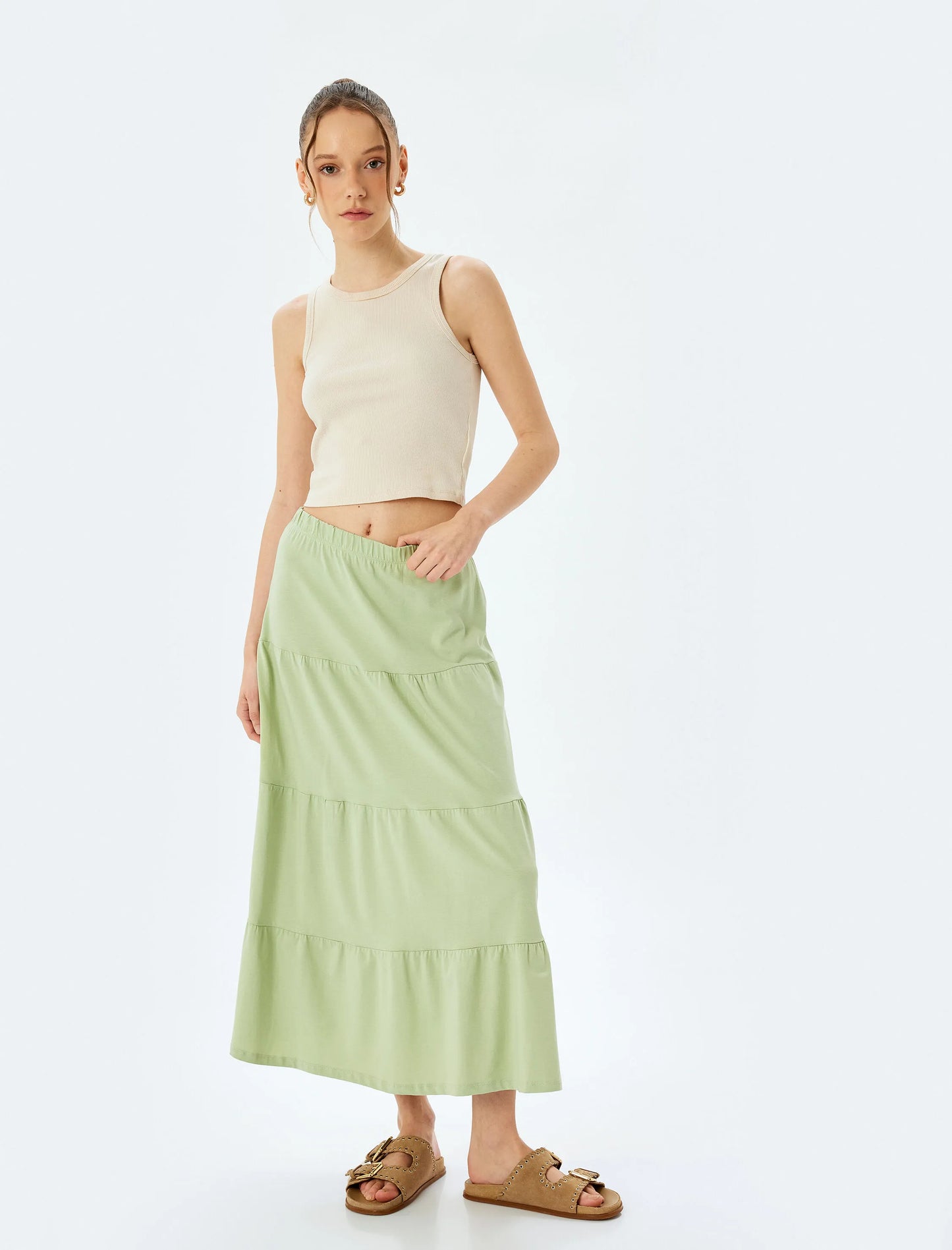 Effortless Flounce Khaki Midi Skirt