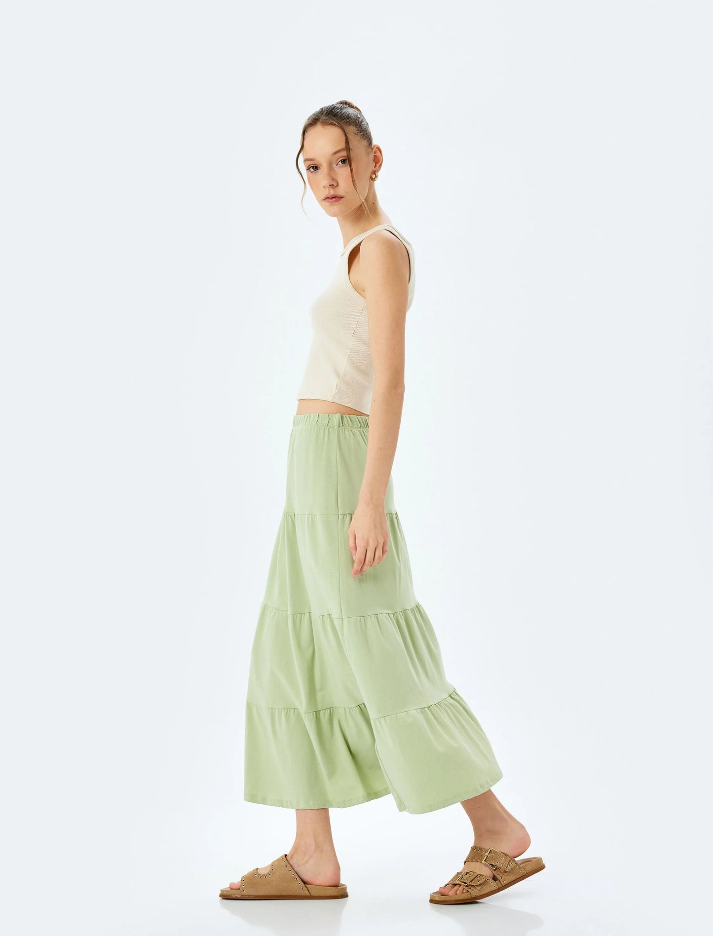 Effortless Flounce Khaki Midi Skirt
