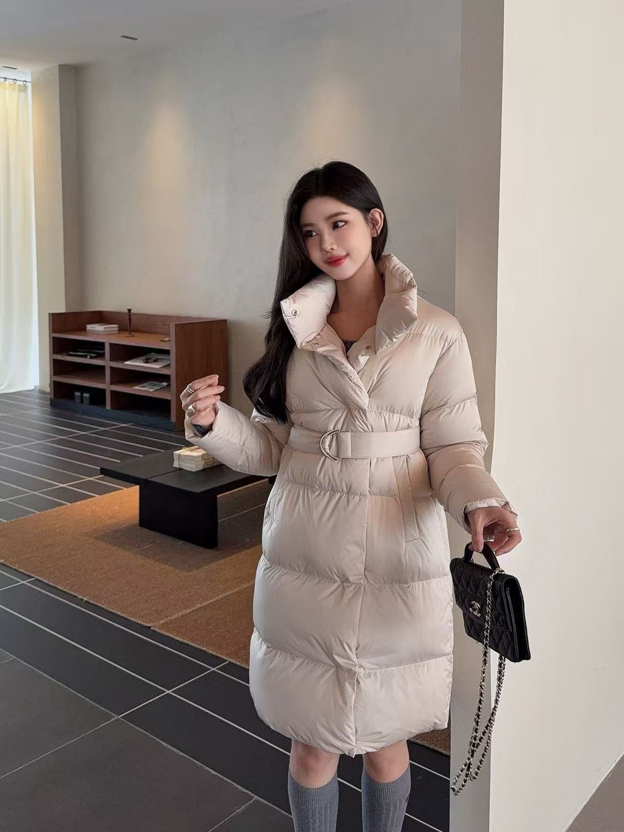 Cream Women's Long Puffer Coat with Belt and High Collar